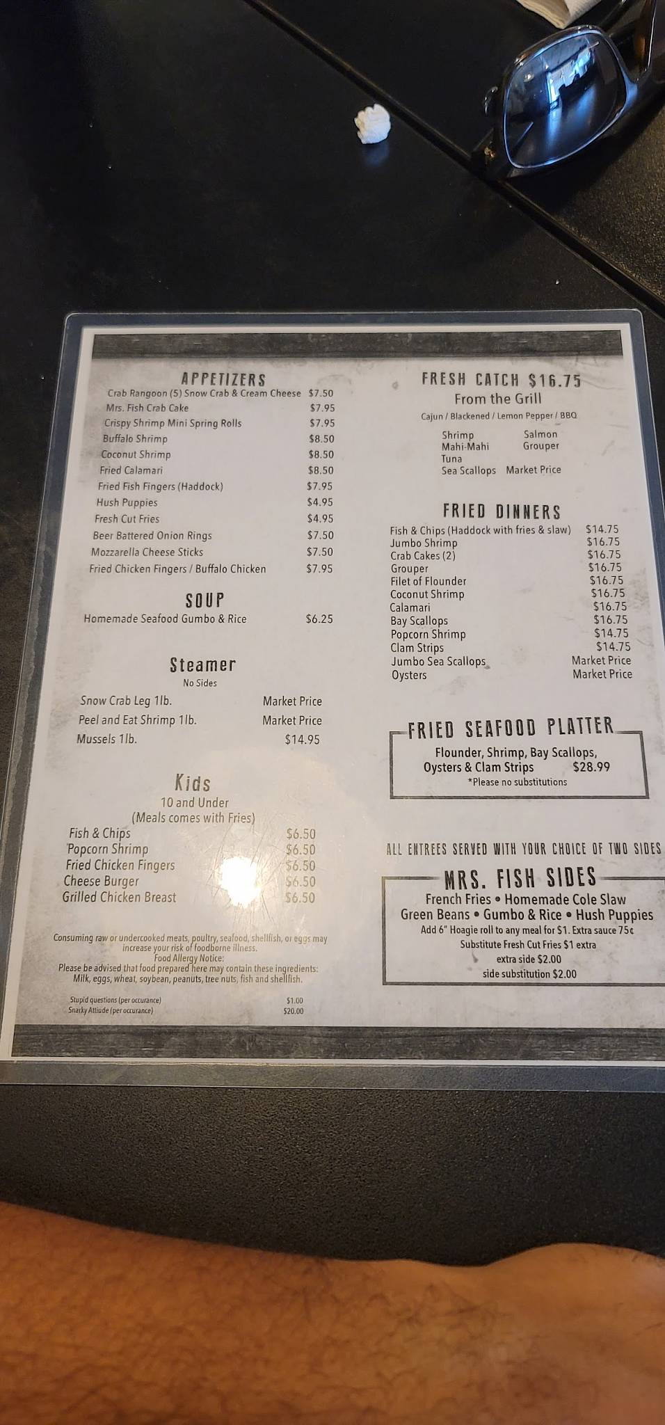 Menu at Mrs Fish Seafood Grill restaurant, Myrtle Beach