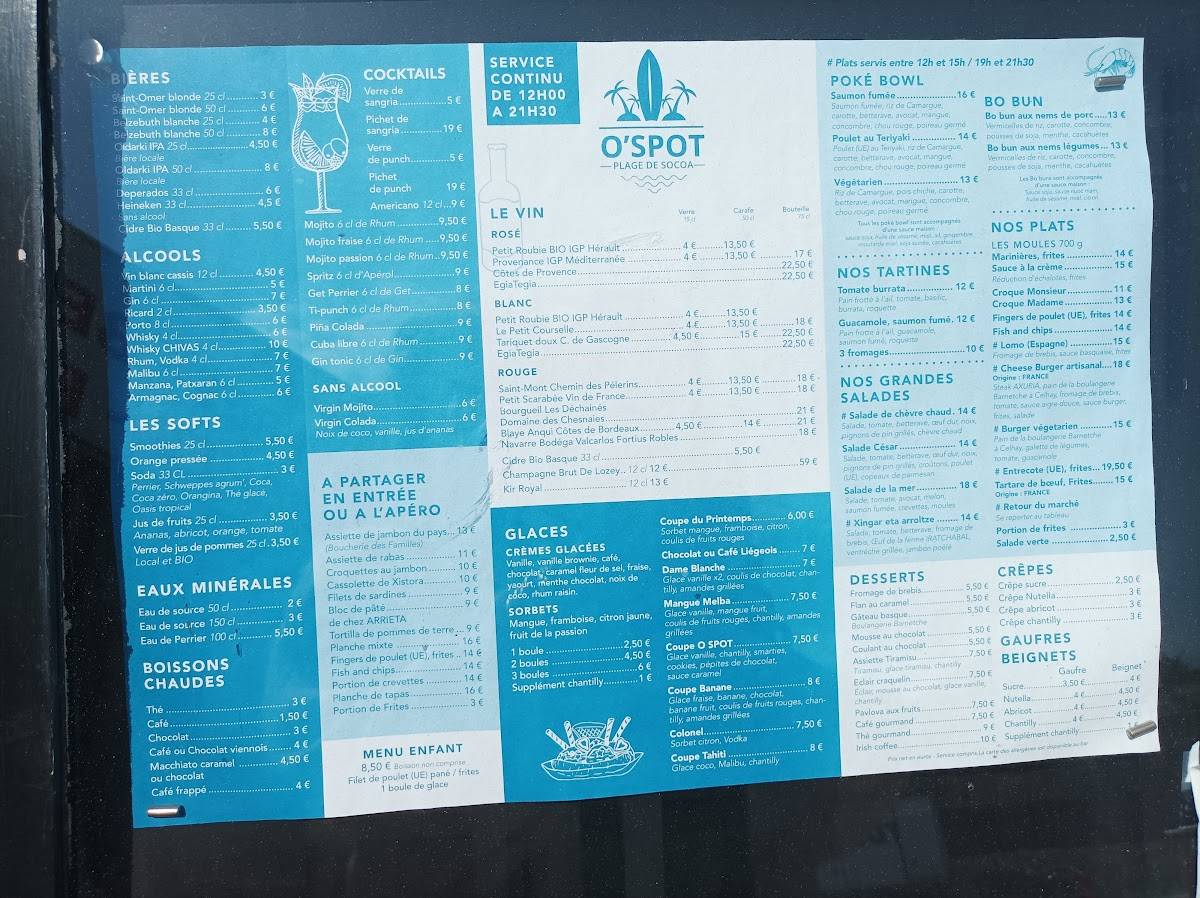 Menu au O Spot Snack plage de Socoa restaurant, Ciboure