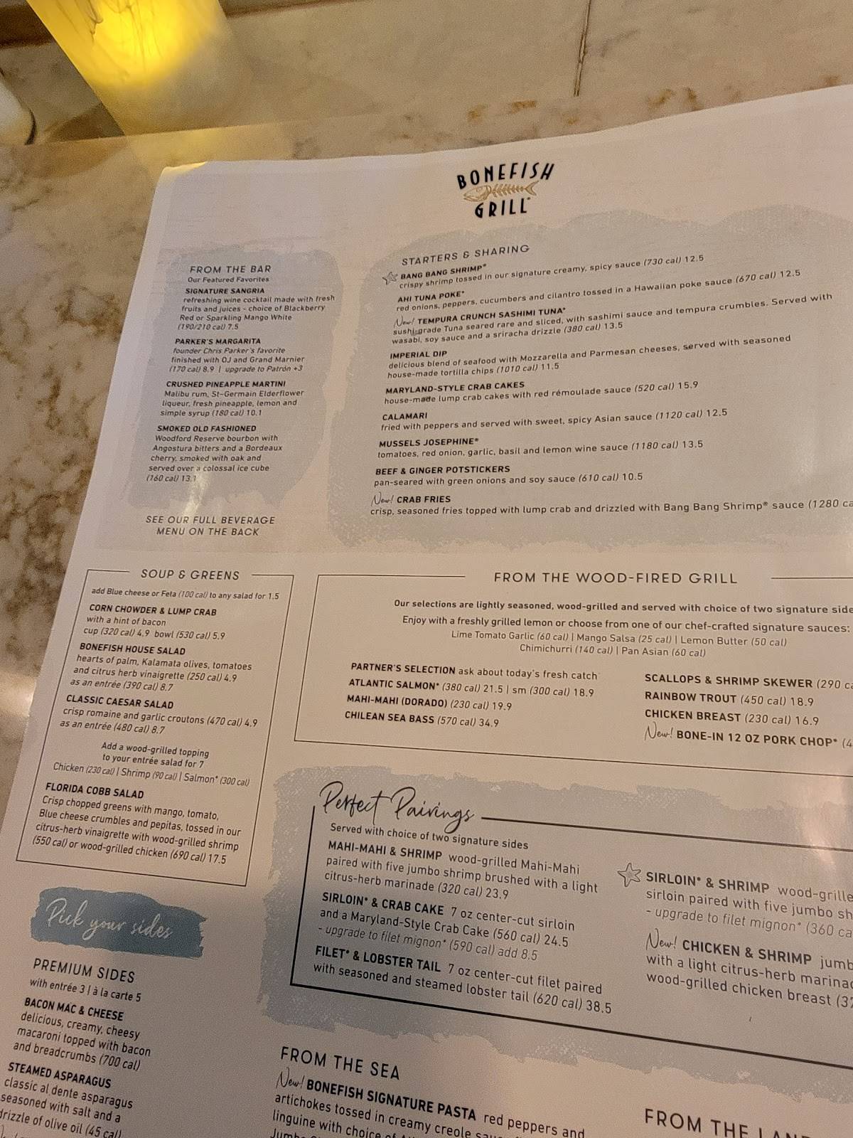 Menu at Bonefish Grill restaurant, Ocala