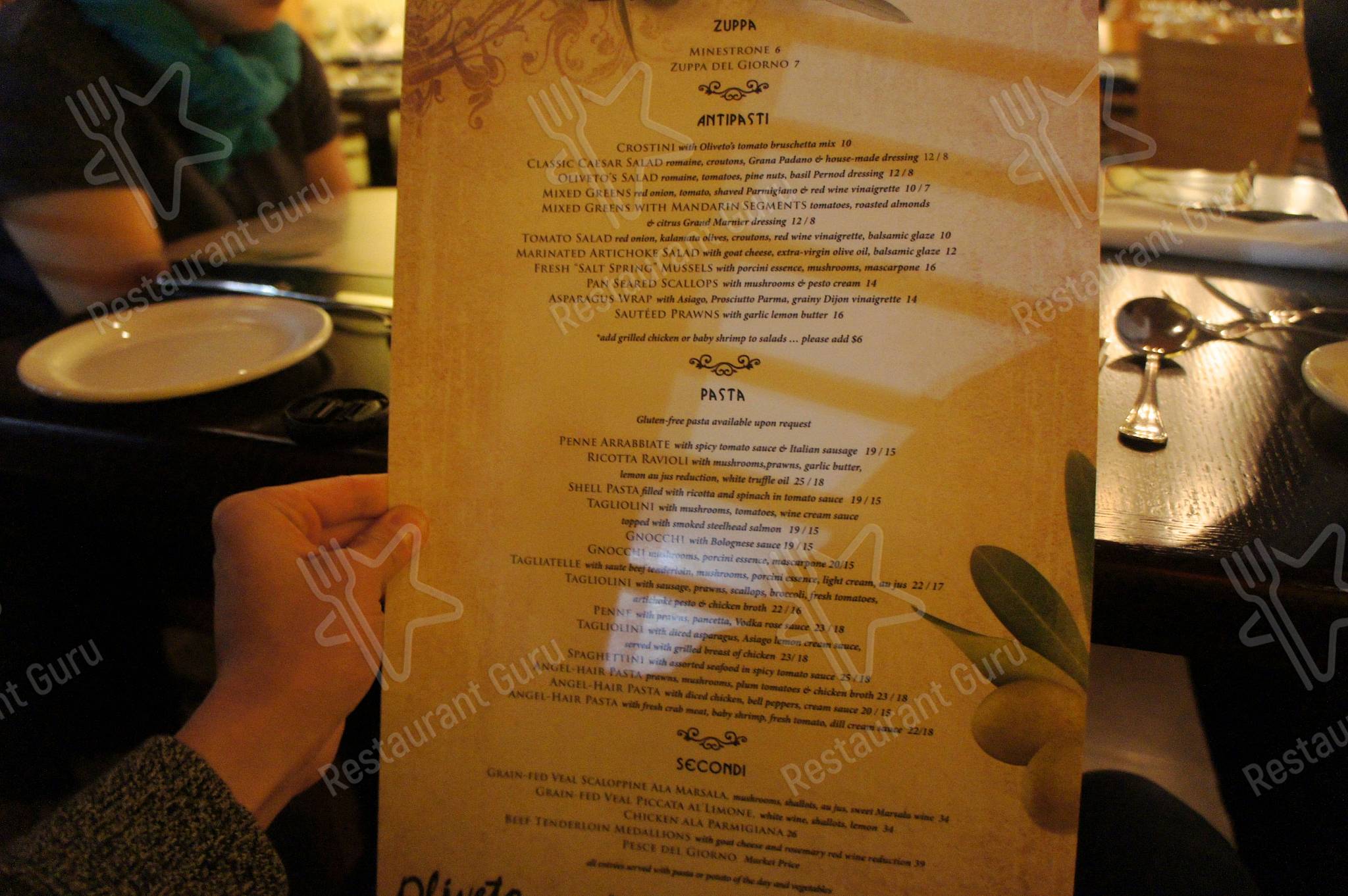 Oliveto Trattoria menu