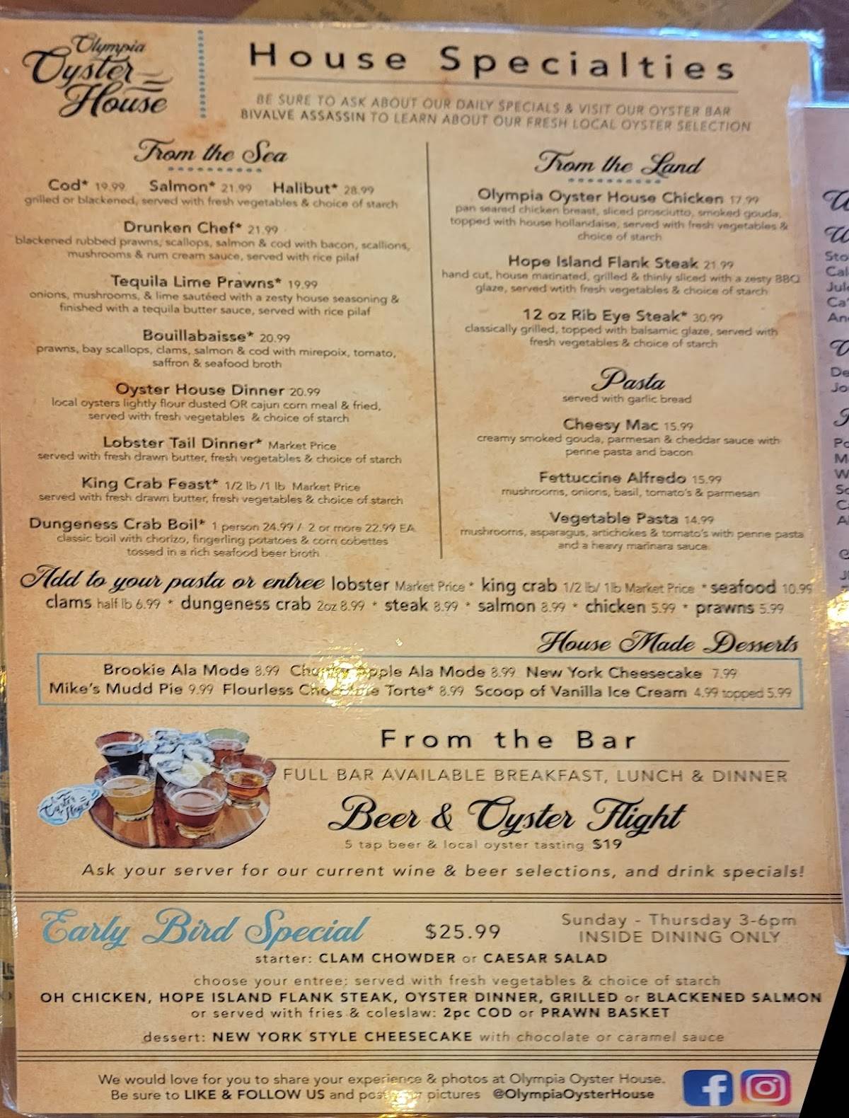 Menu at Olympia Oyster House restaurant, Olympia