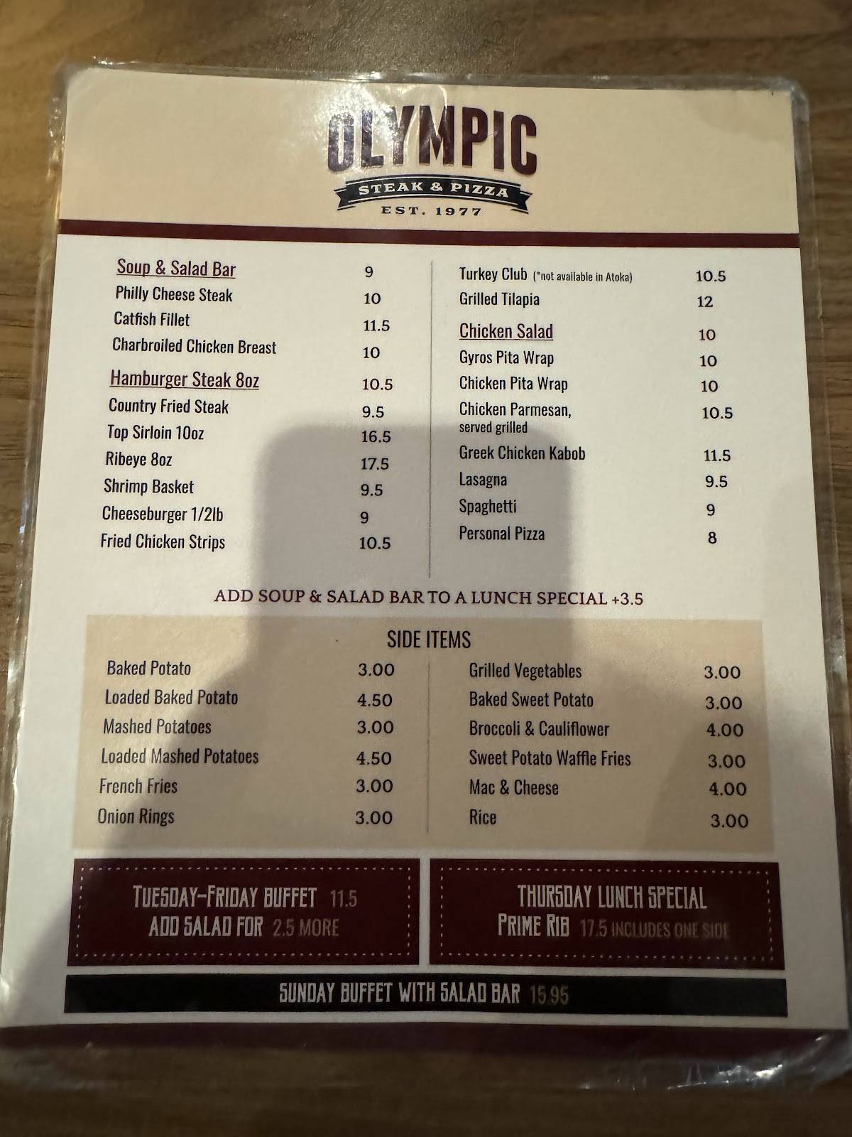 Menu at Olympic Steak & Pizza Arlington steakhouse, Arlington
