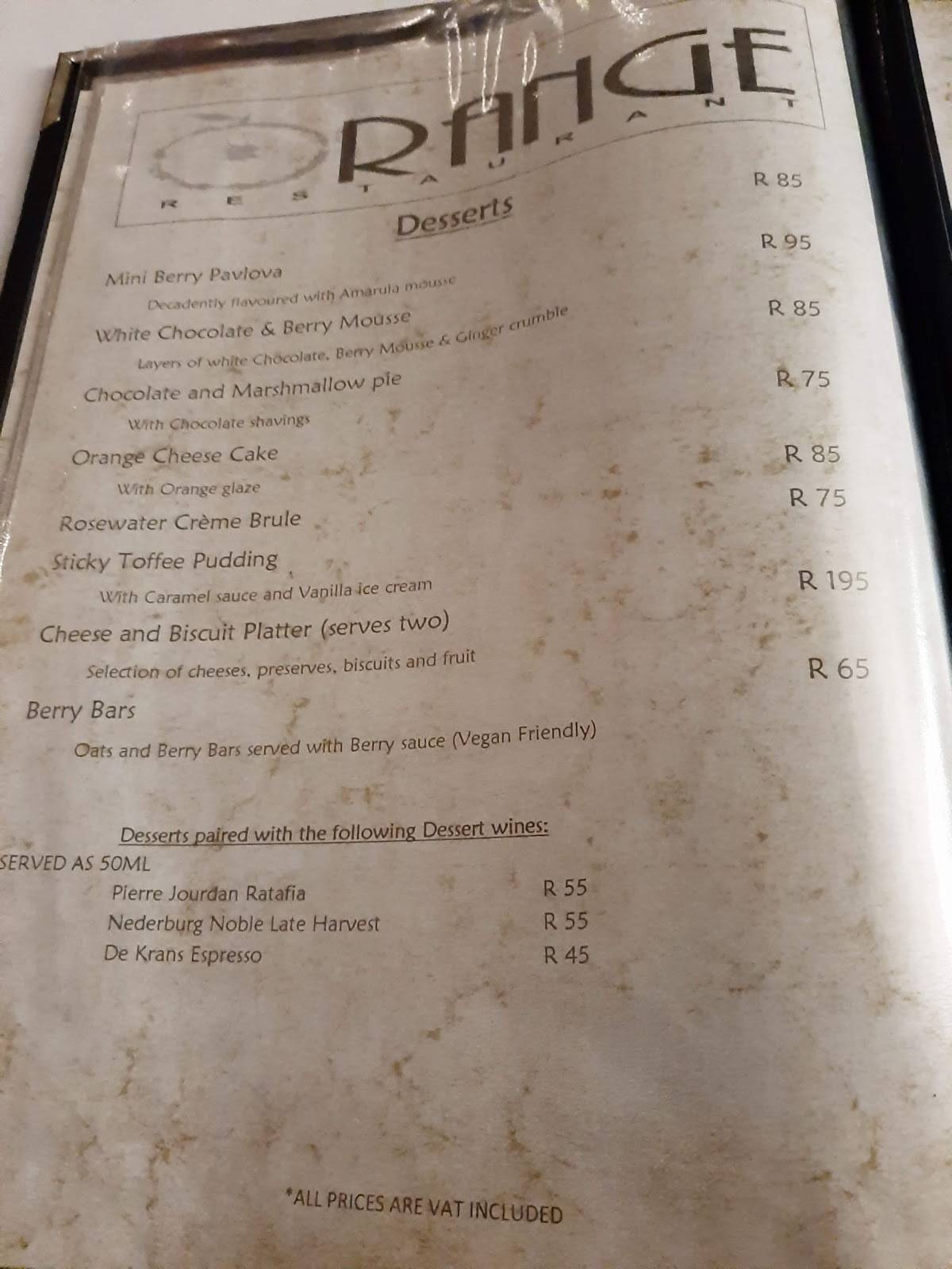 Menu at Orange Restaurant, Nelspruit
