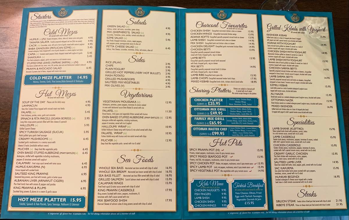 Menu at Ottoman Kitchen Turkish Restaurant, Southampton