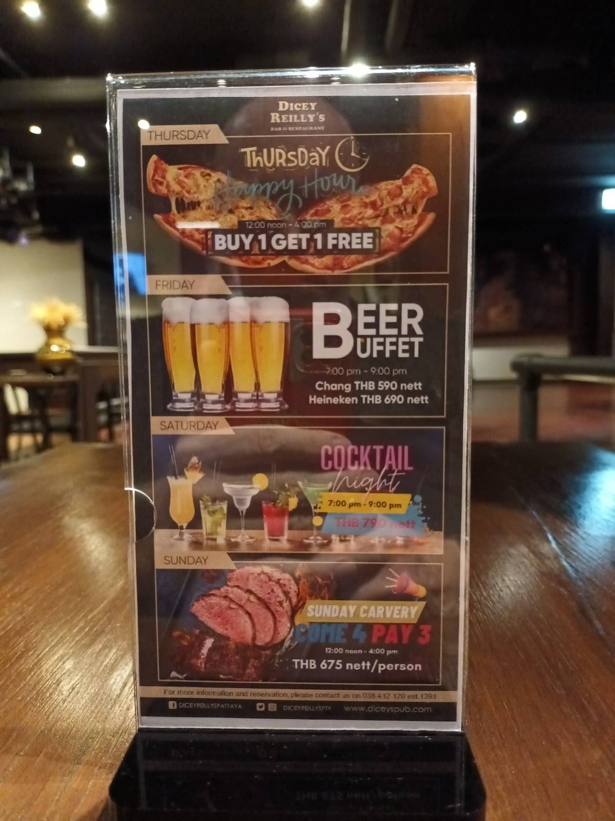 Menu at Dicey Reilly's Bar & Restaurant, Pattaya City