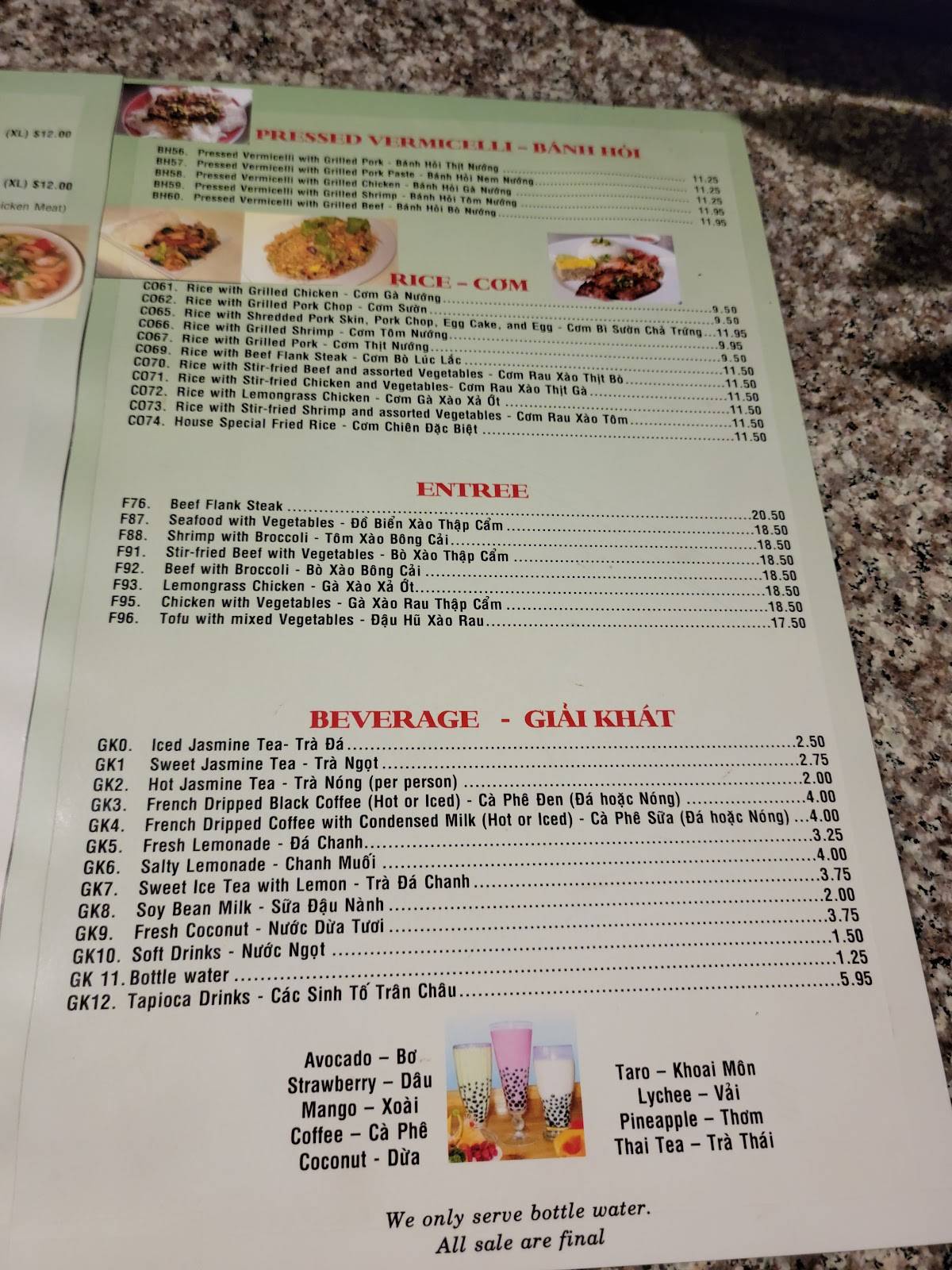 Menu at Phở Sunrise restaurant, Kenner