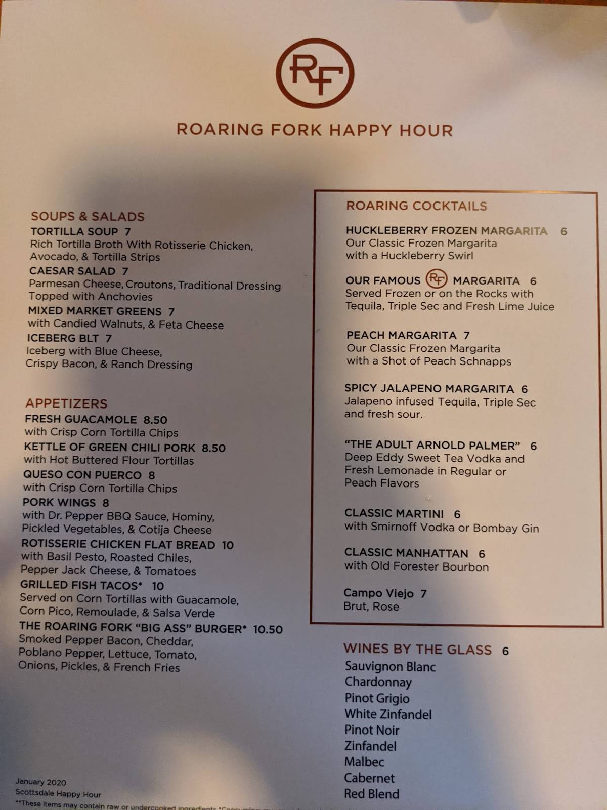 Menu at Roaring Fork pub & bar, Scottsdale