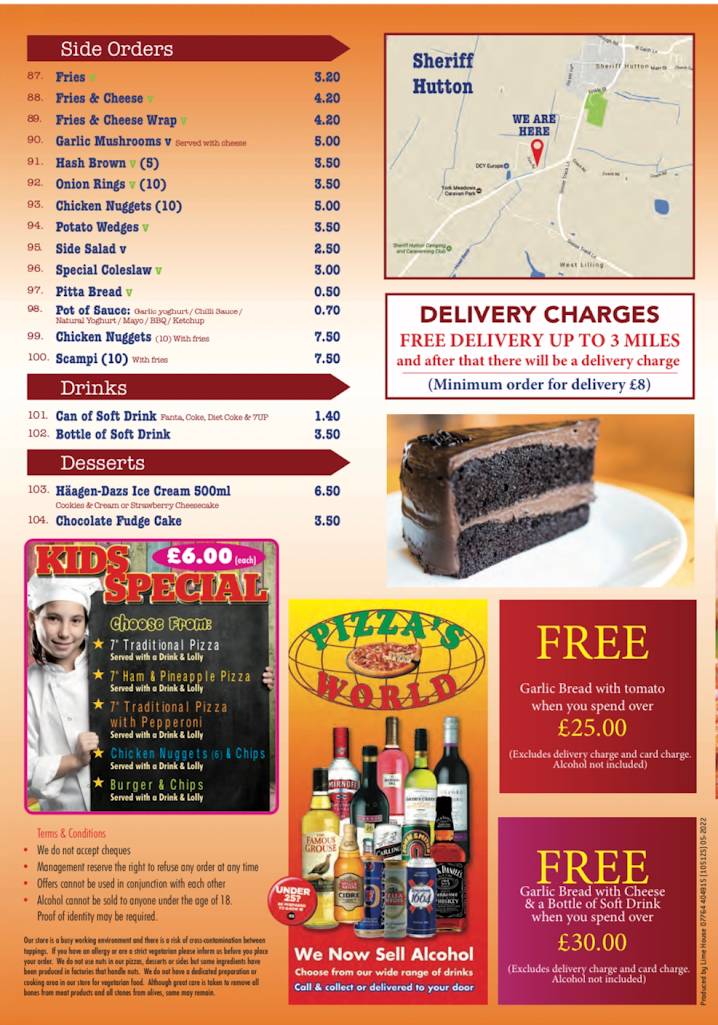 Menu at Pizza’s World restaurant, Sheriff Hutton