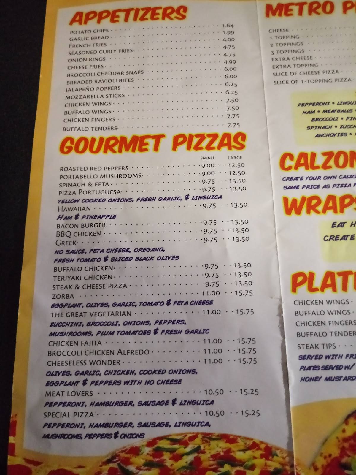 Menu at Metro Pizza pizzeria, New Bedford, 32 Dartmouth St