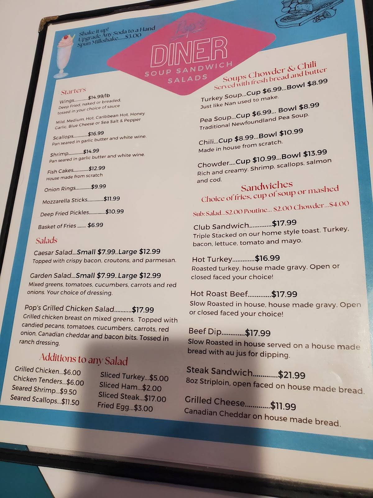 Menu at Pop’s Diner restaurant, St. John's