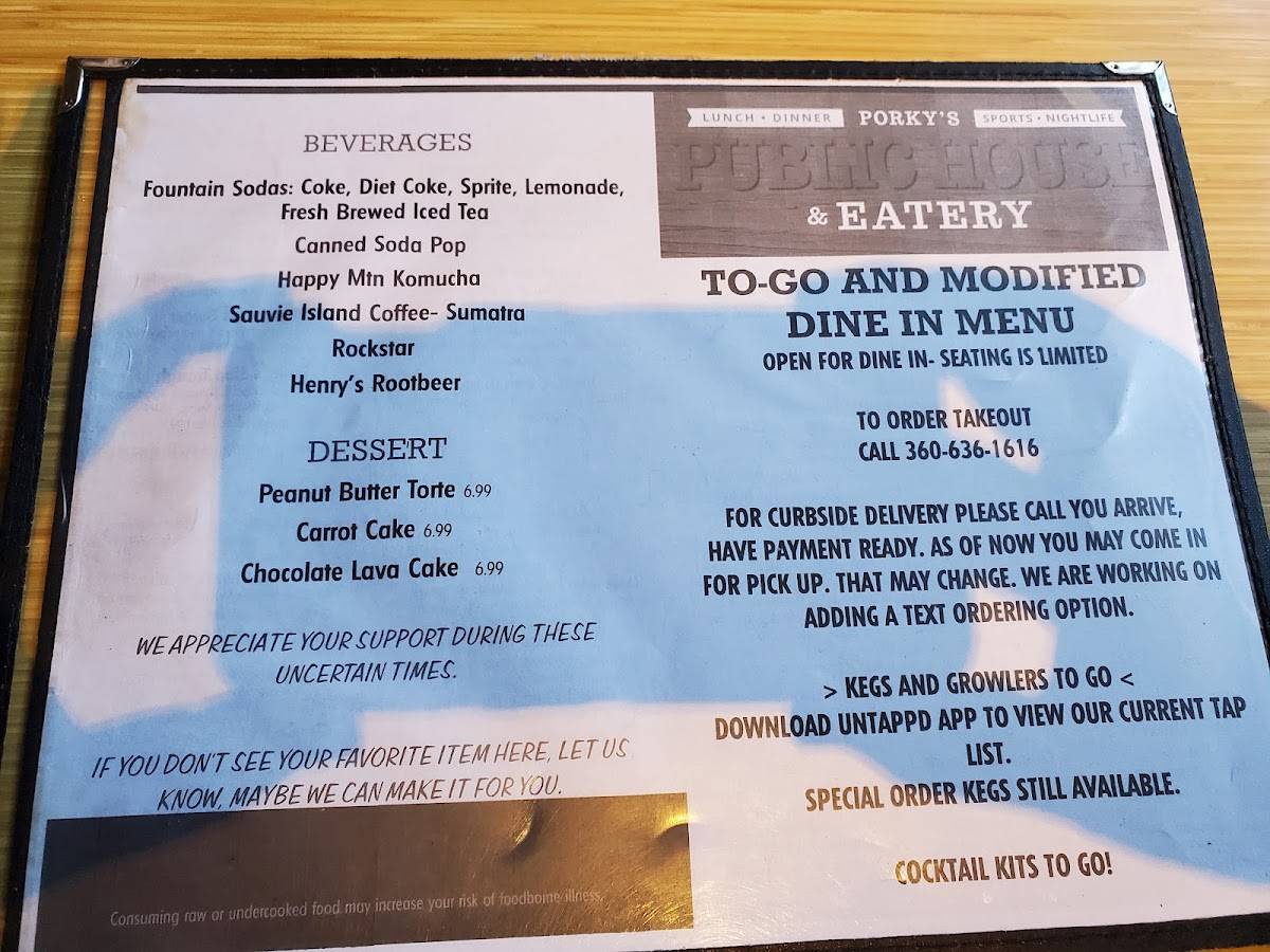 Menu at Porky's Public House & Eatery, Longview