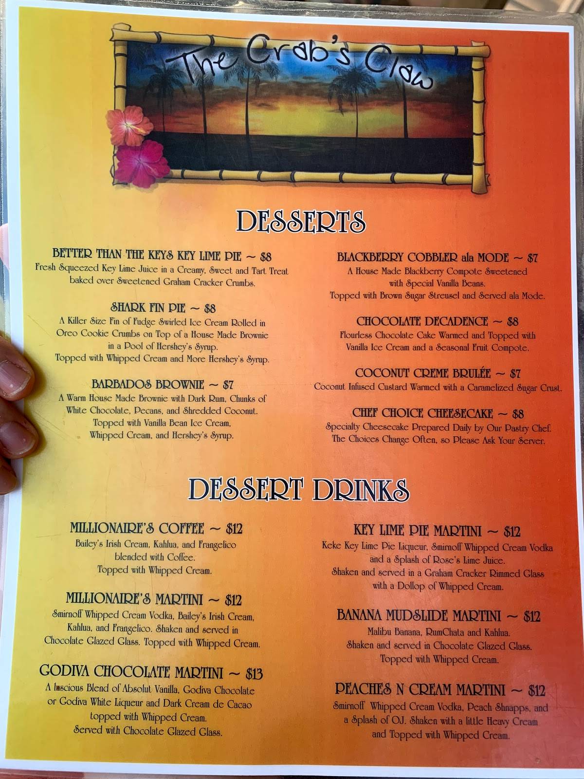 Menu at Crab's Claw Oceanfront Caribbean Seafood Restaurant, Atlantic Beach