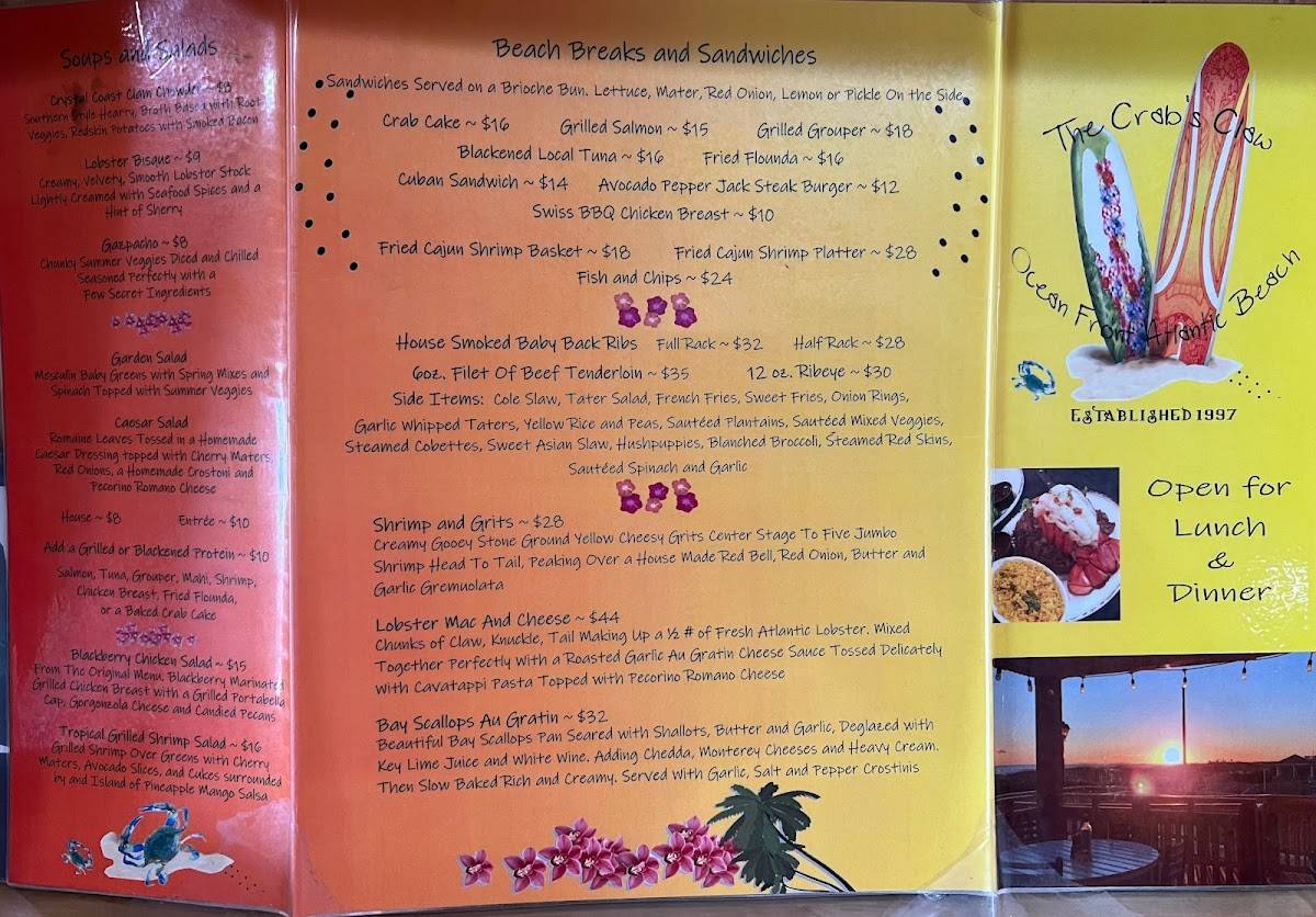 Menu at Crab's Claw Oceanfront Caribbean Seafood Restaurant, Atlantic Beach