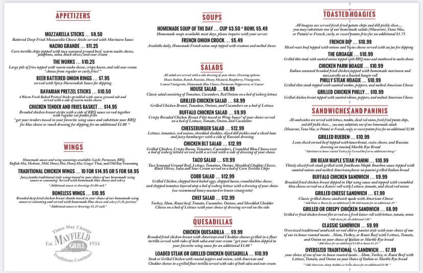 Menu at Mayfield Grill pub & bar, Mayfield