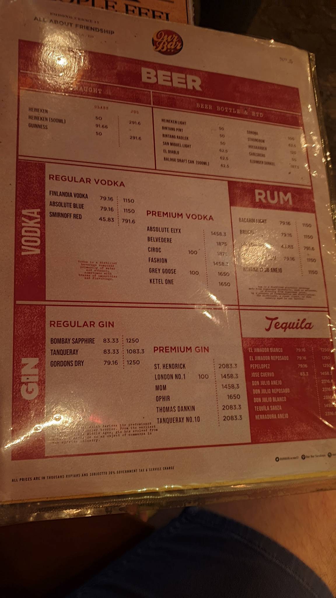 Menu at Our Bar, Surabaya