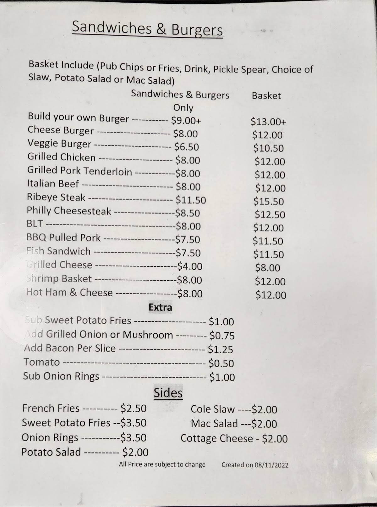 Menu at Shorty's pub & bar, Watseka, E Walnut St