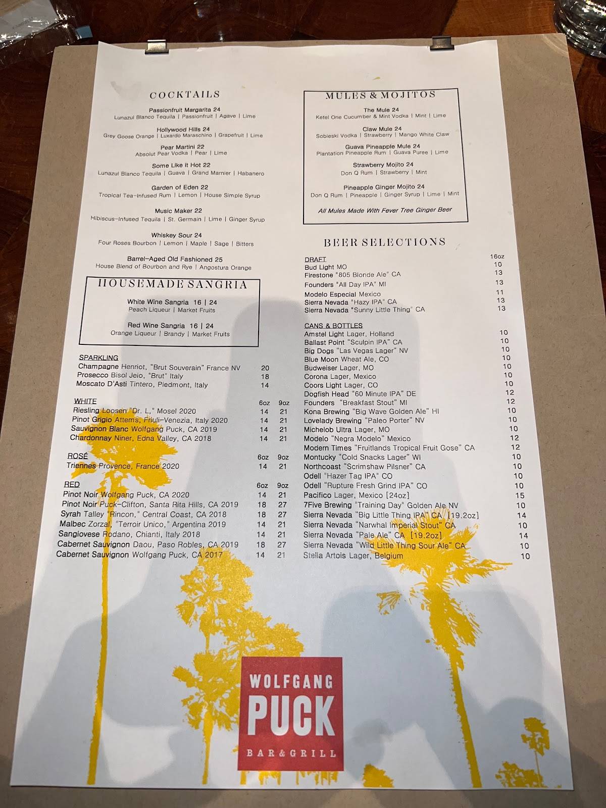 Menu at Wolfgang Puck’s pub & bar, Las Vegas, 3799 S Las Vegas Blvd