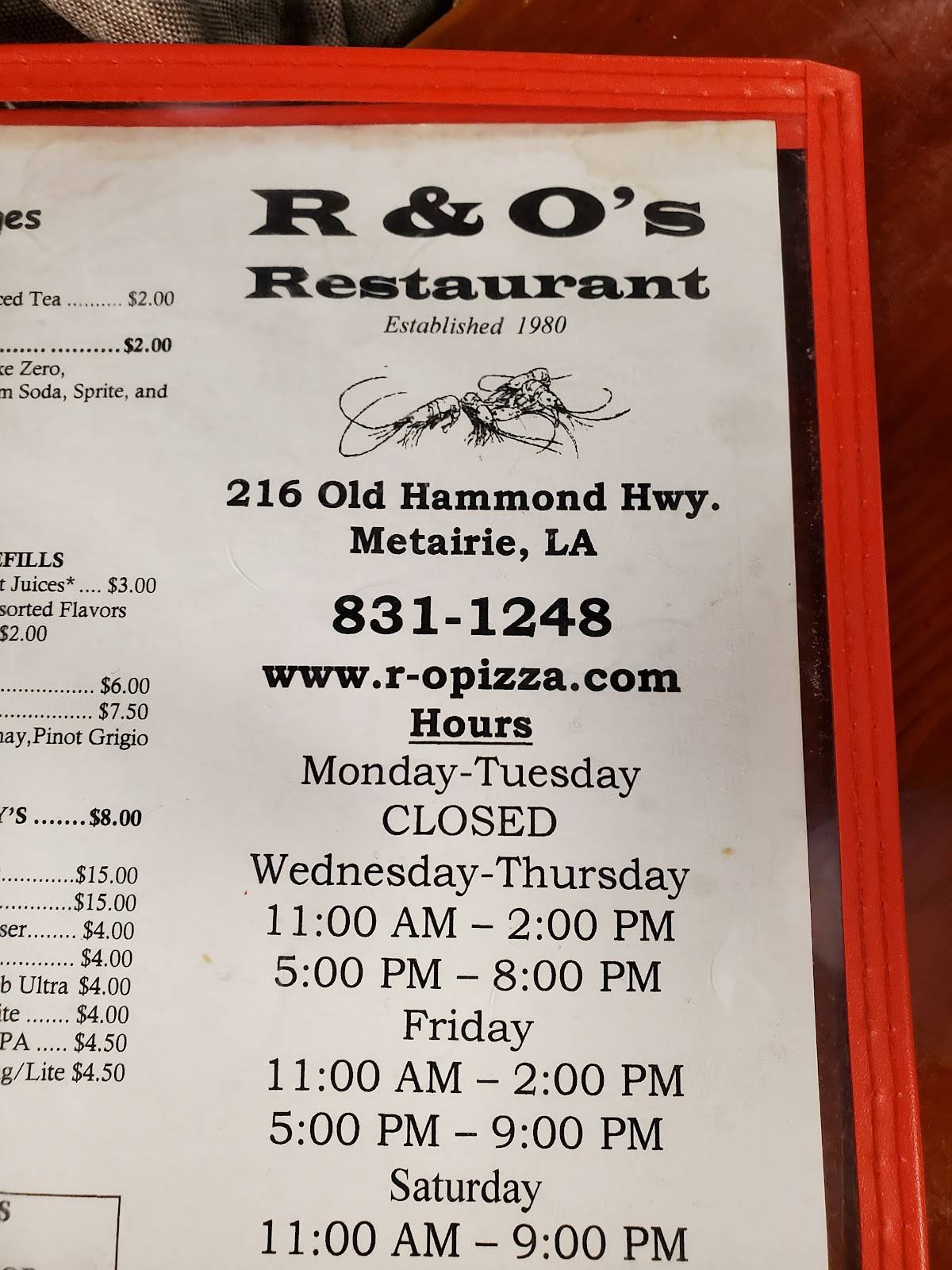 Menu at R & O Restaurant and Catering, Metairie