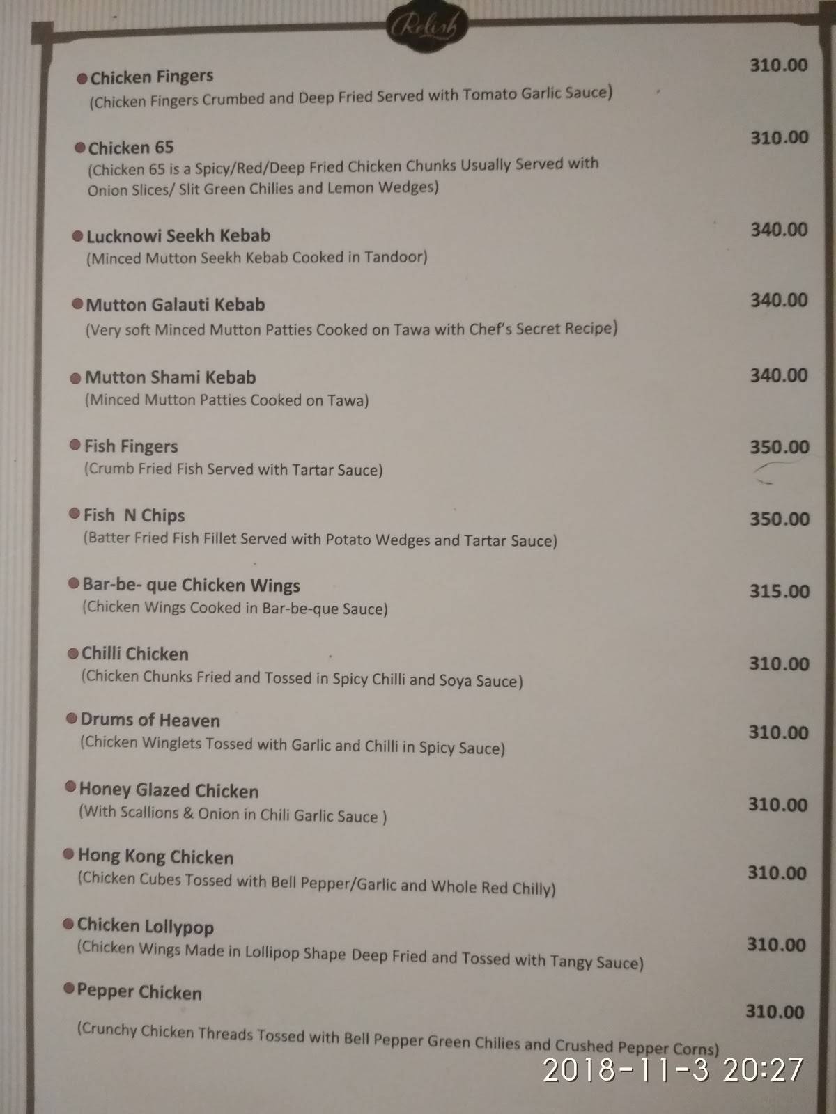 Menu at Relish Restaurant, Allahabad
