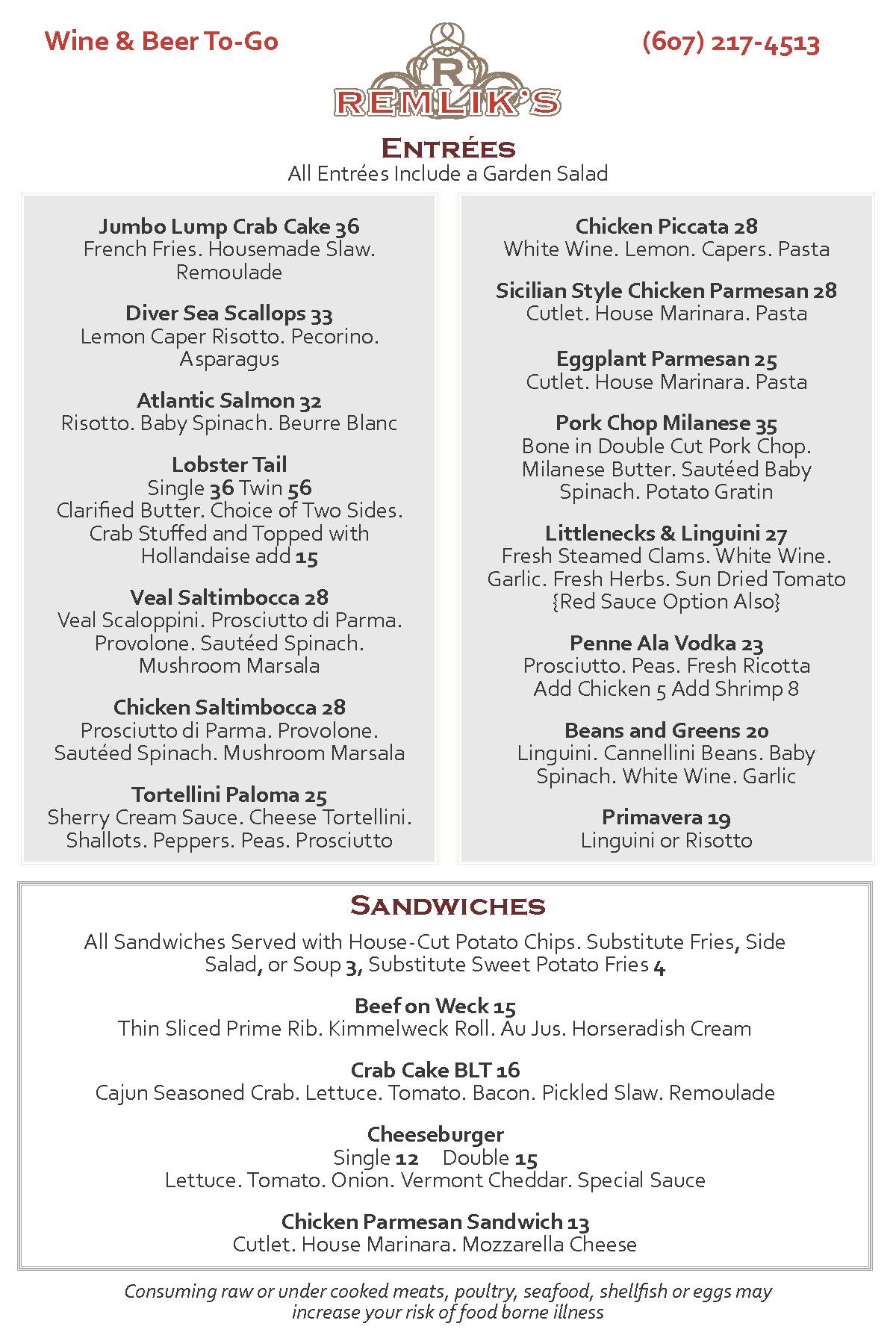 Menu at Remlik's Grille & Oyster Bar, Binghamton