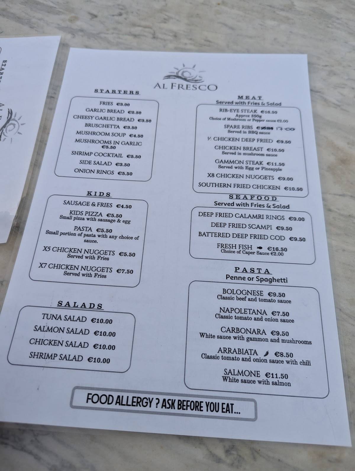 Menu at Al Fresco Pizzeria & Restaurant, Birżebbuġa