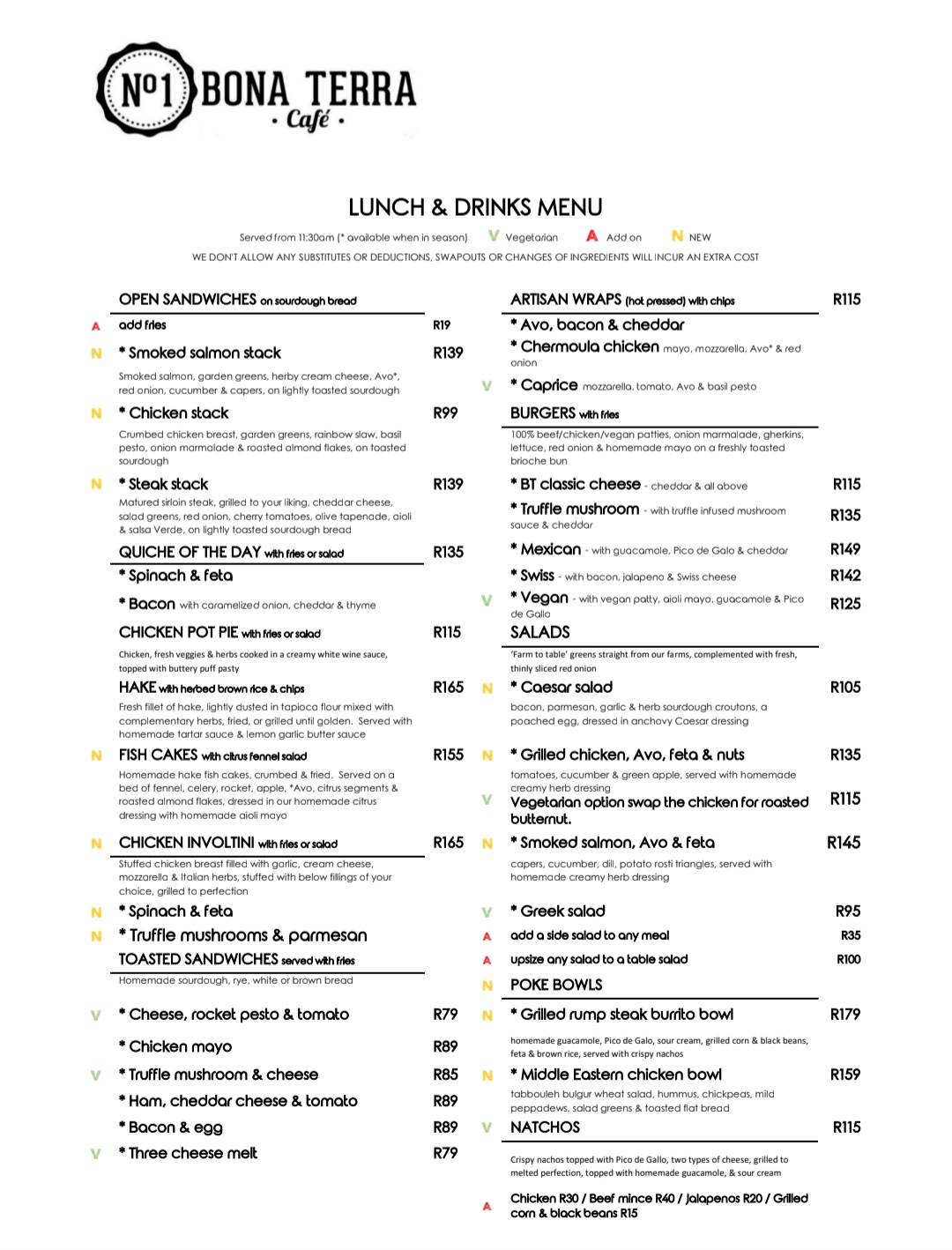 Menu at Bona Terra Cafe, Hillcrest