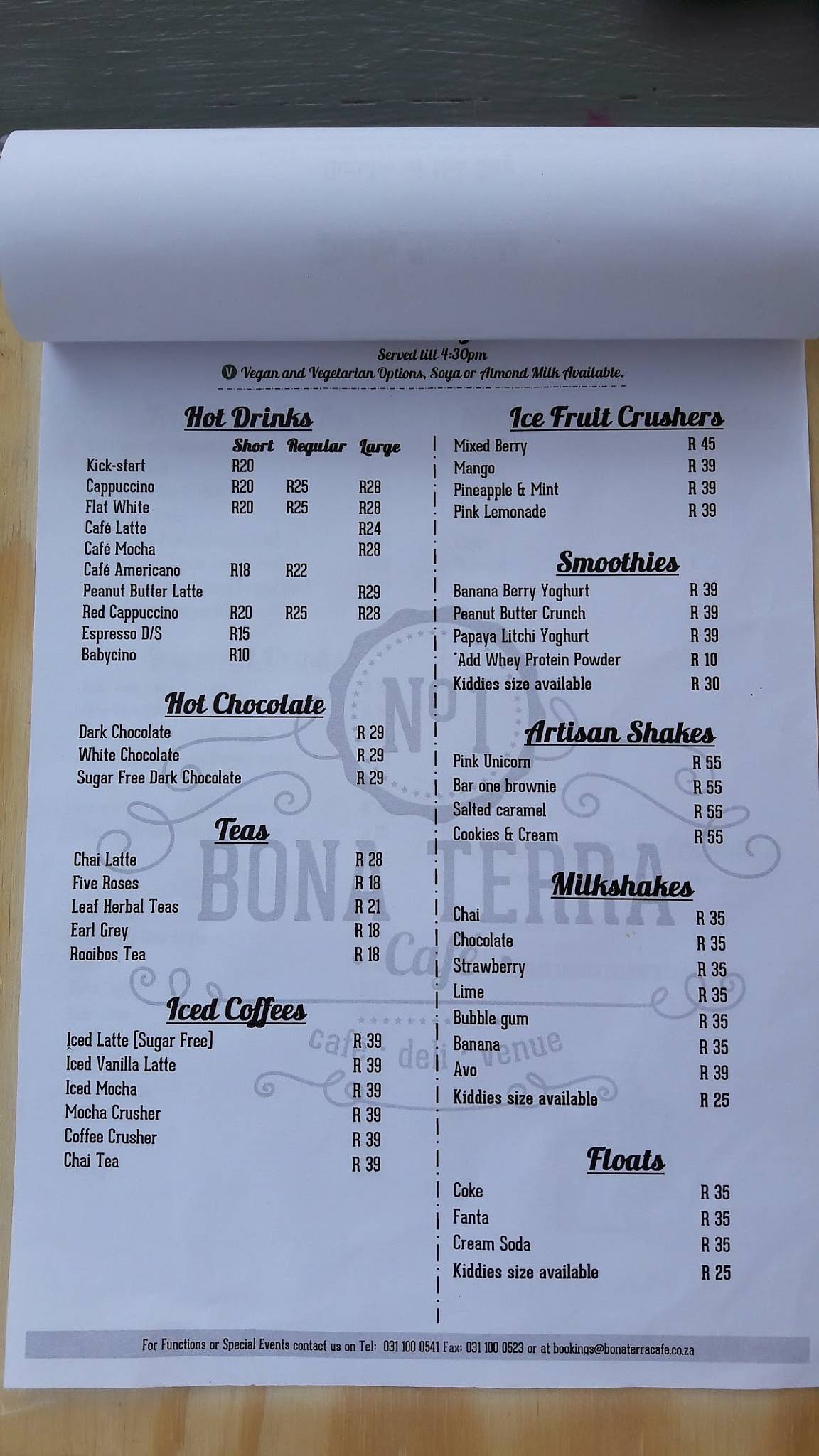 Menu at Bona Terra Cafe, Hillcrest