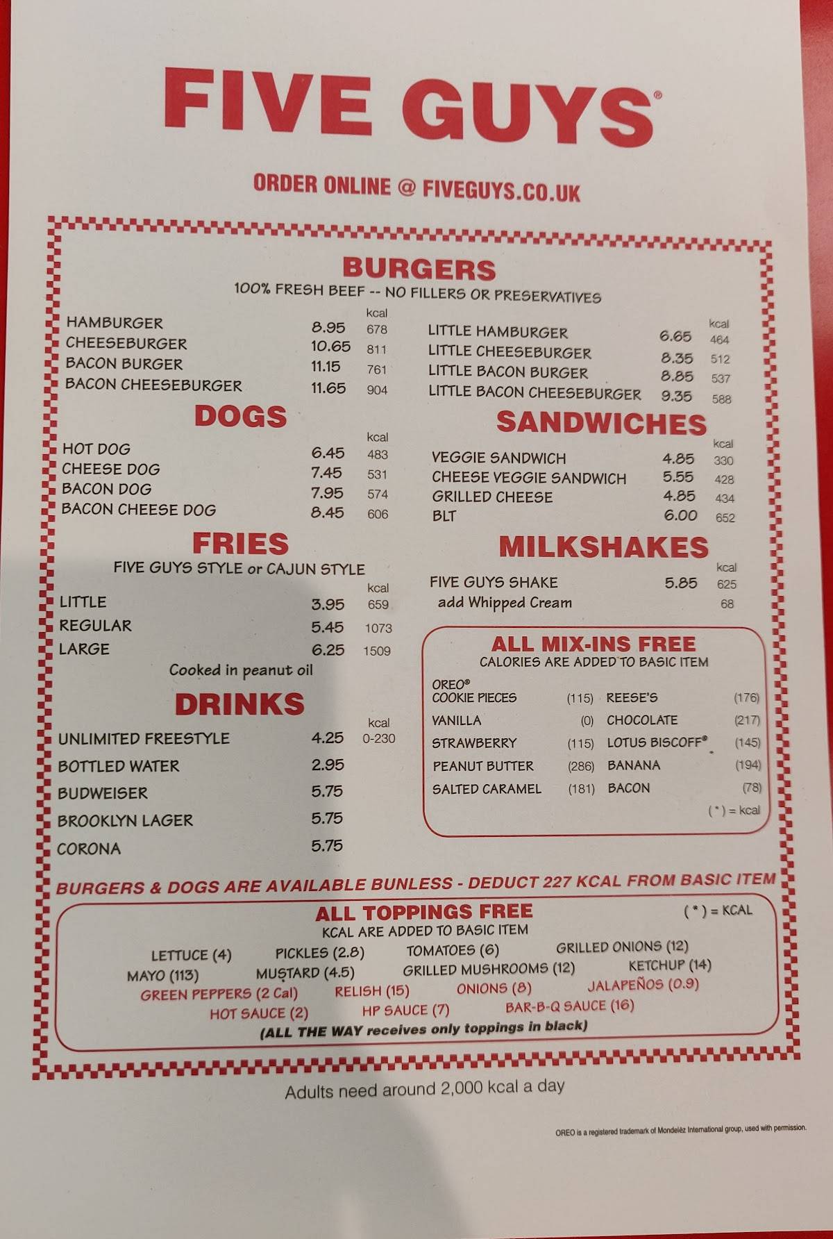 Menu at Five Guys Queensway restaurant, London