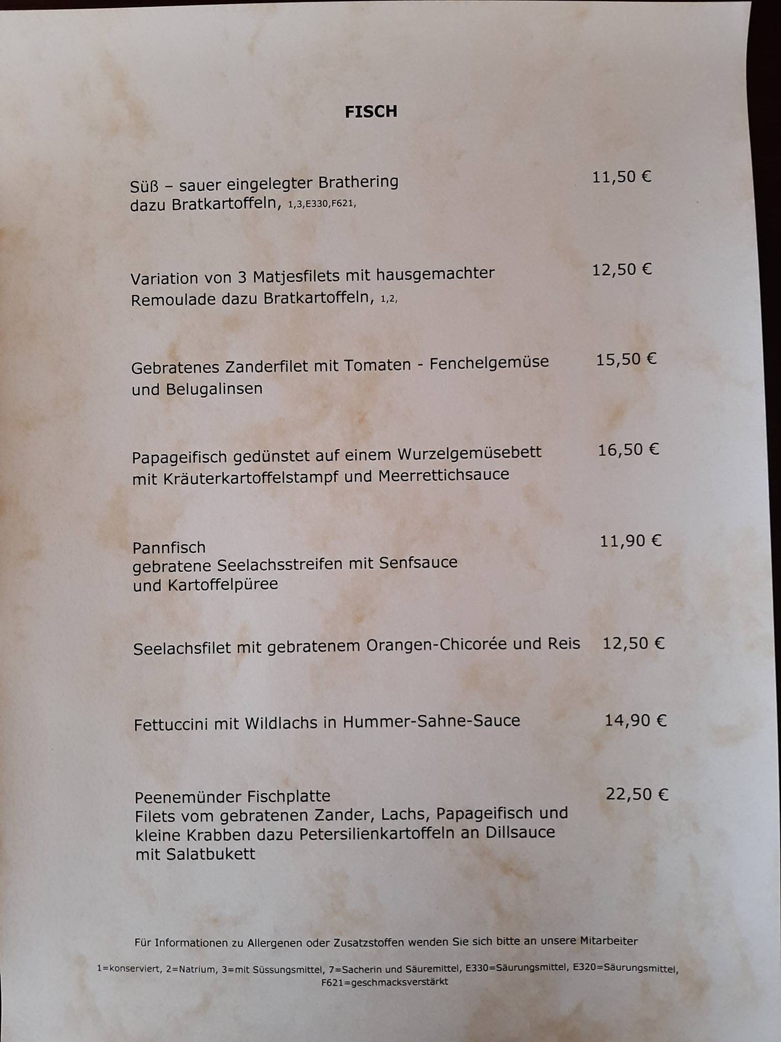 Speisekarte von Hotel und Restaurant \