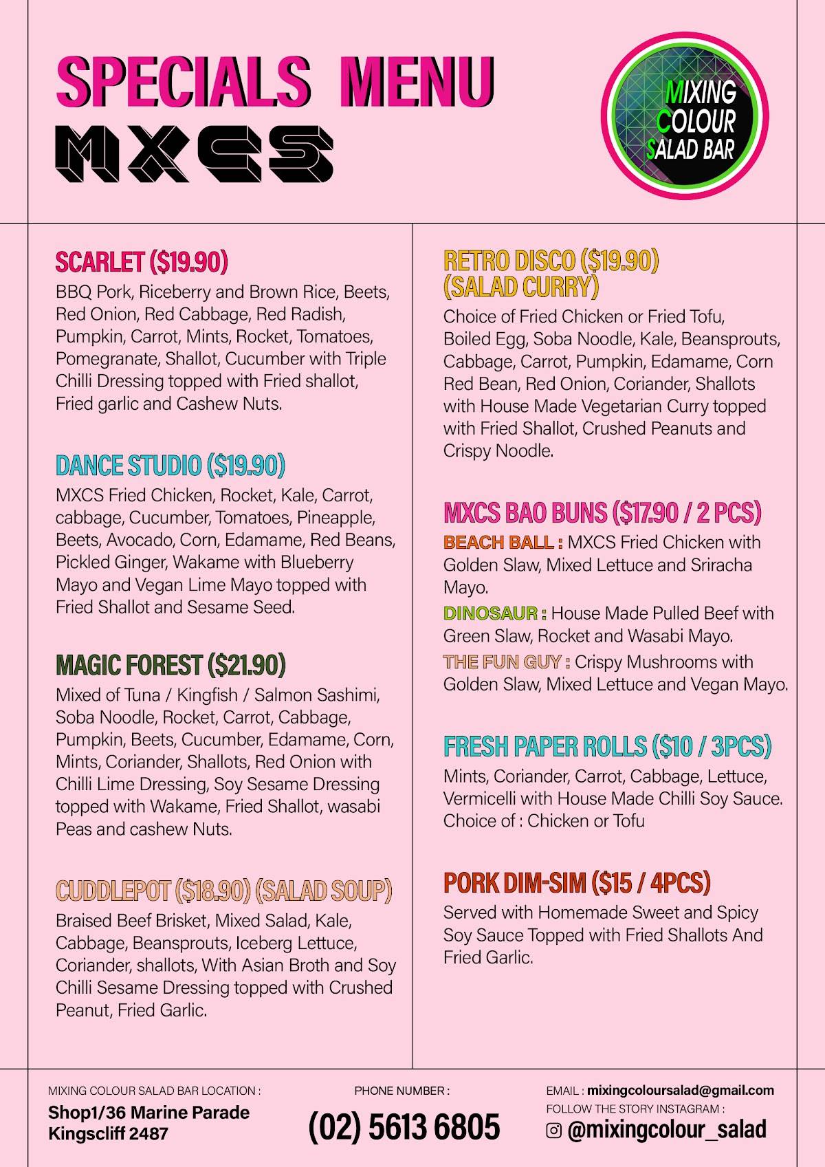 Menu at Mixing Colour Salad Bar, Kingscliff