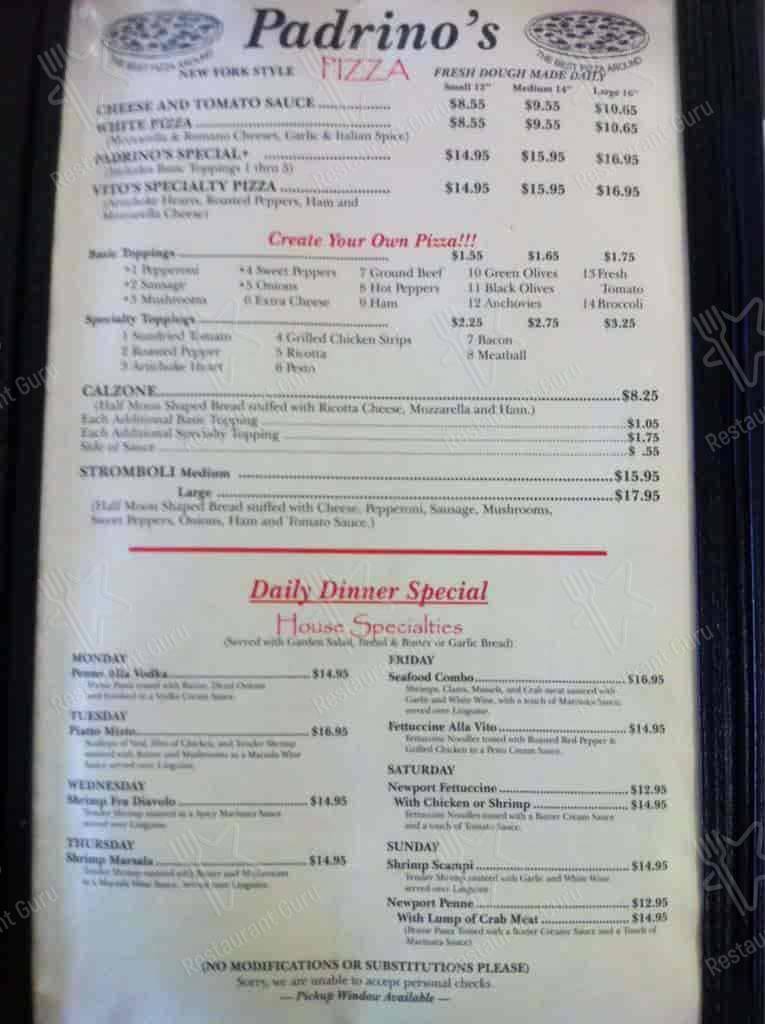 Menu at Padrinos Italian Restaurant, Beckley