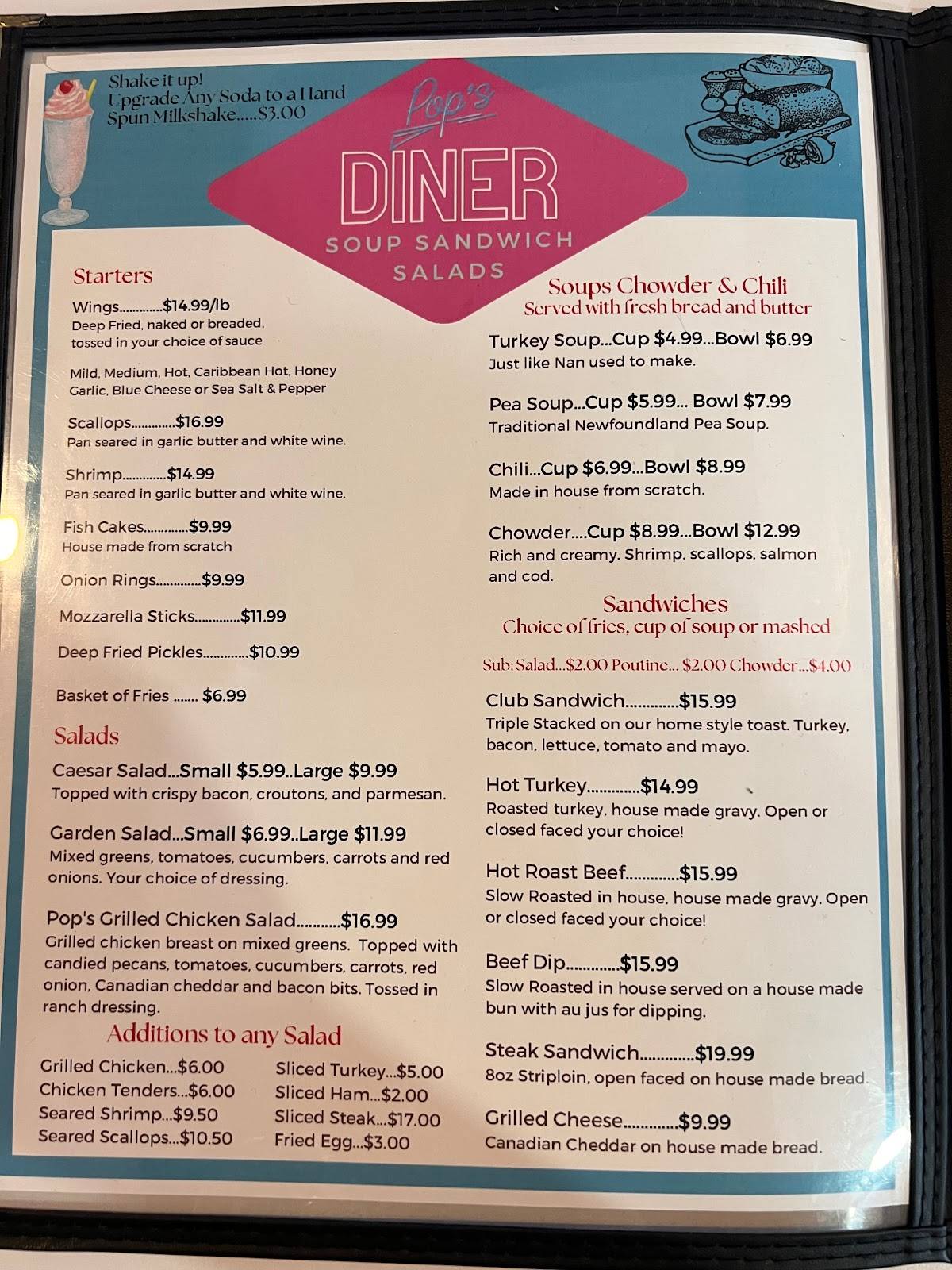 Menu at Pop’s Diner restaurant, St. John's