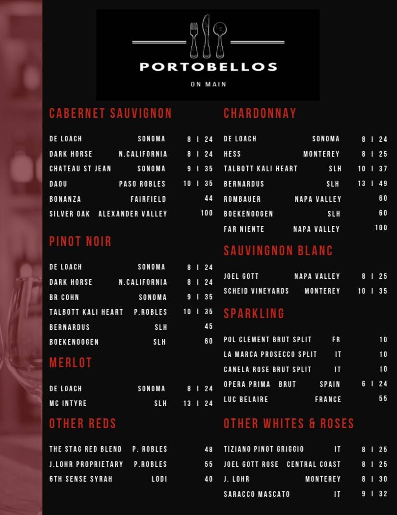 Menu at Portobello's on Main restaurant, Salinas, 150 Main St 116