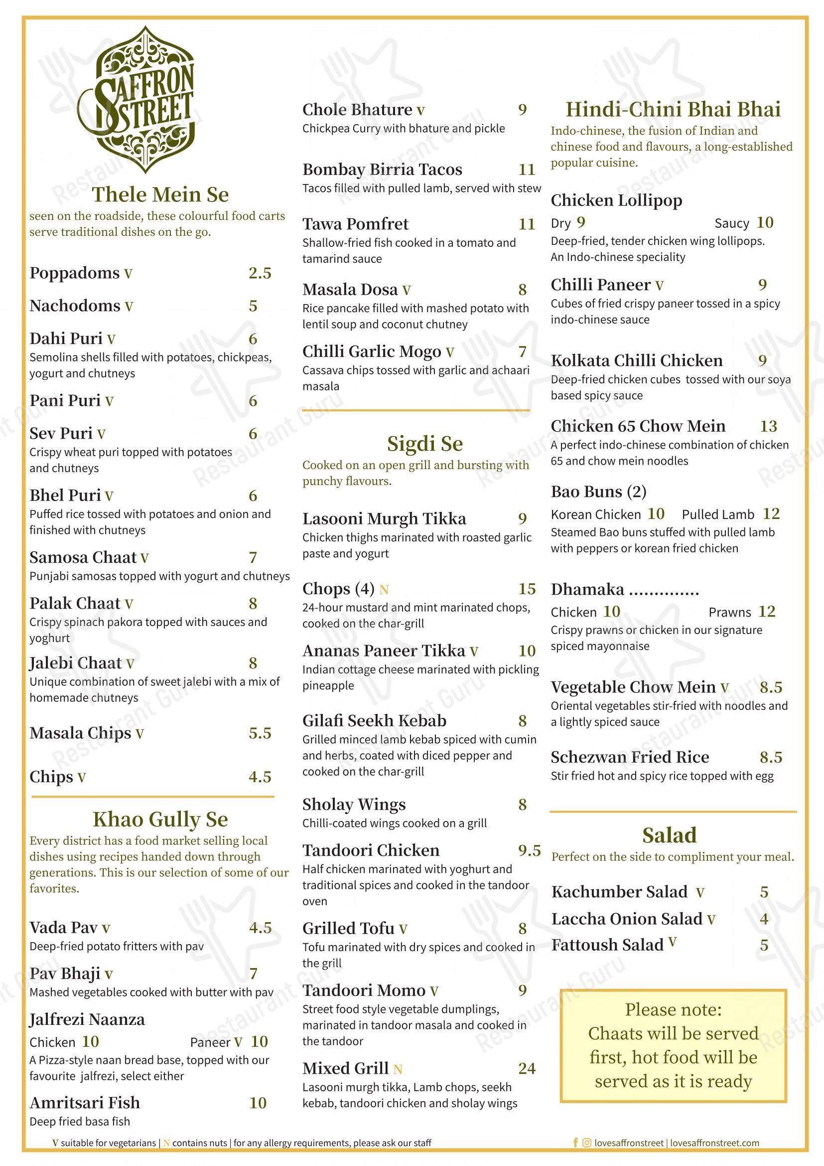 Menu at Saffron Street restaurant, Ilford