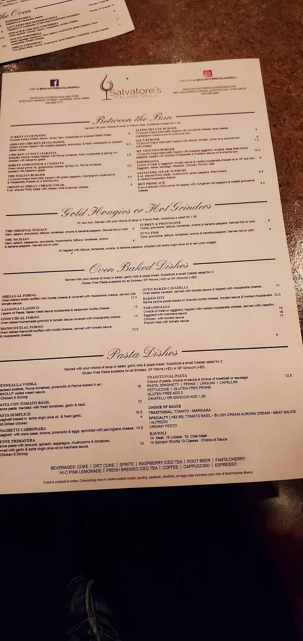 Menu at Salvatore's Italian Grill restaurant, Youngstown, Mahoning Ave