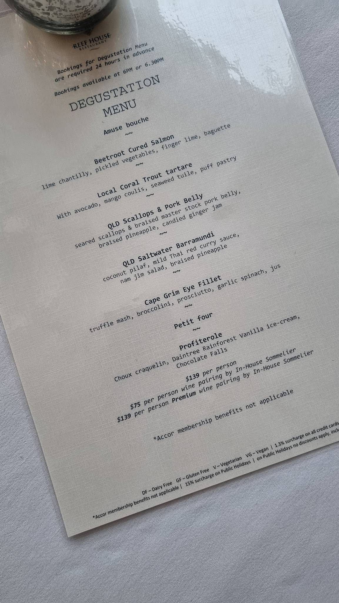 Menu at The Reef House Adults Retreat Palm Cove restaurant, Palm Cove