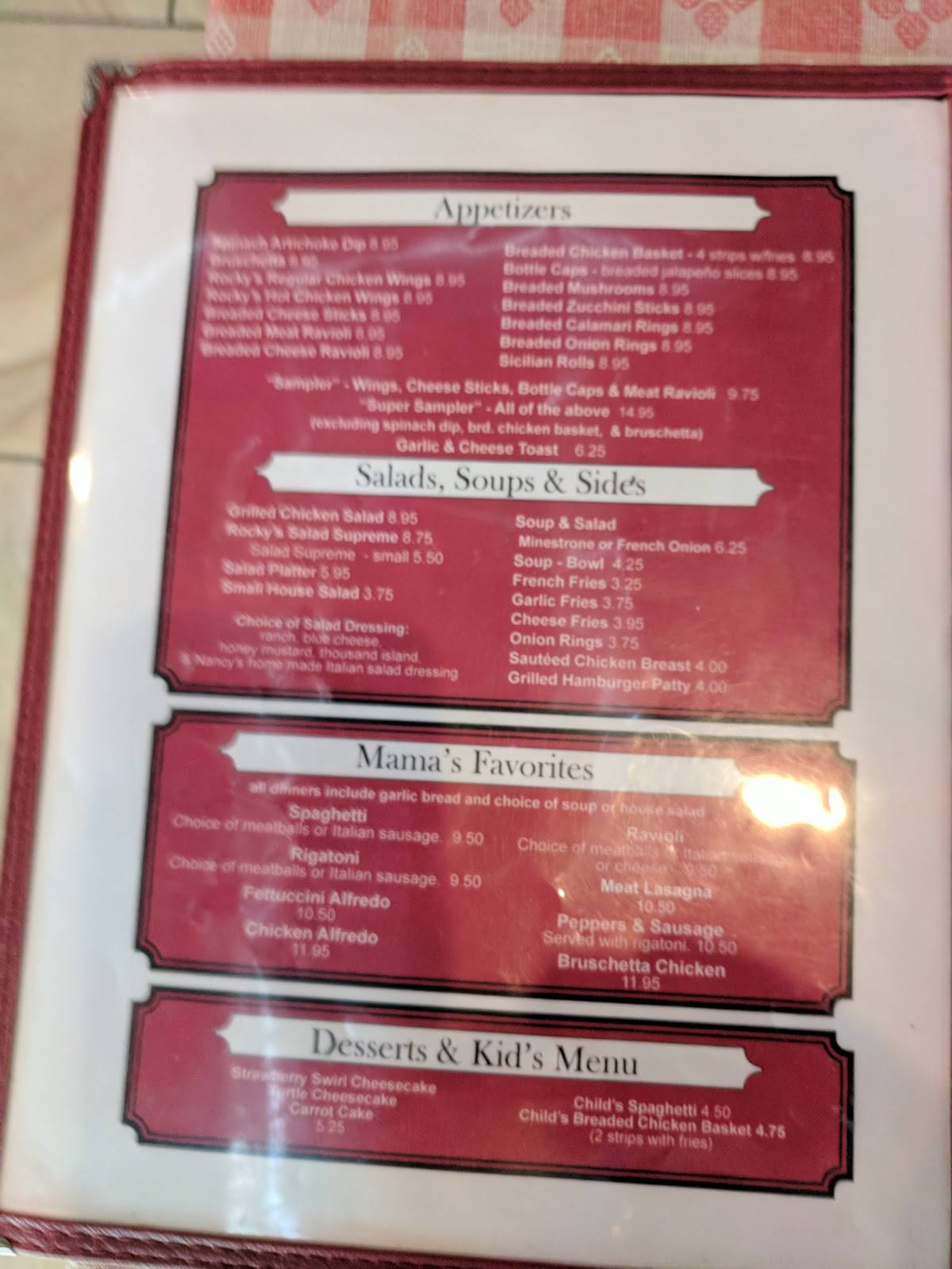 Menu at Rocky's Corner pub & bar, Hot Springs