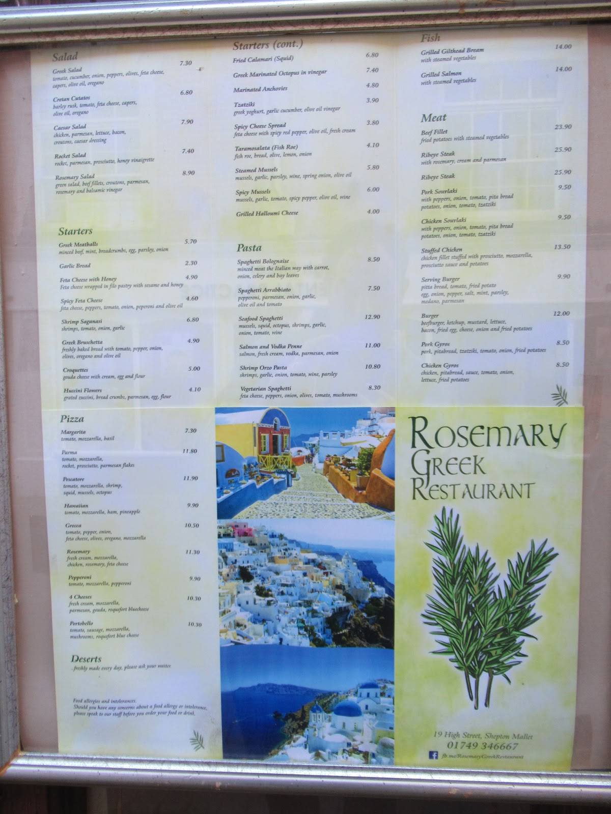 Menu at Rosemary Greek Restaurant, Shepton Mallet