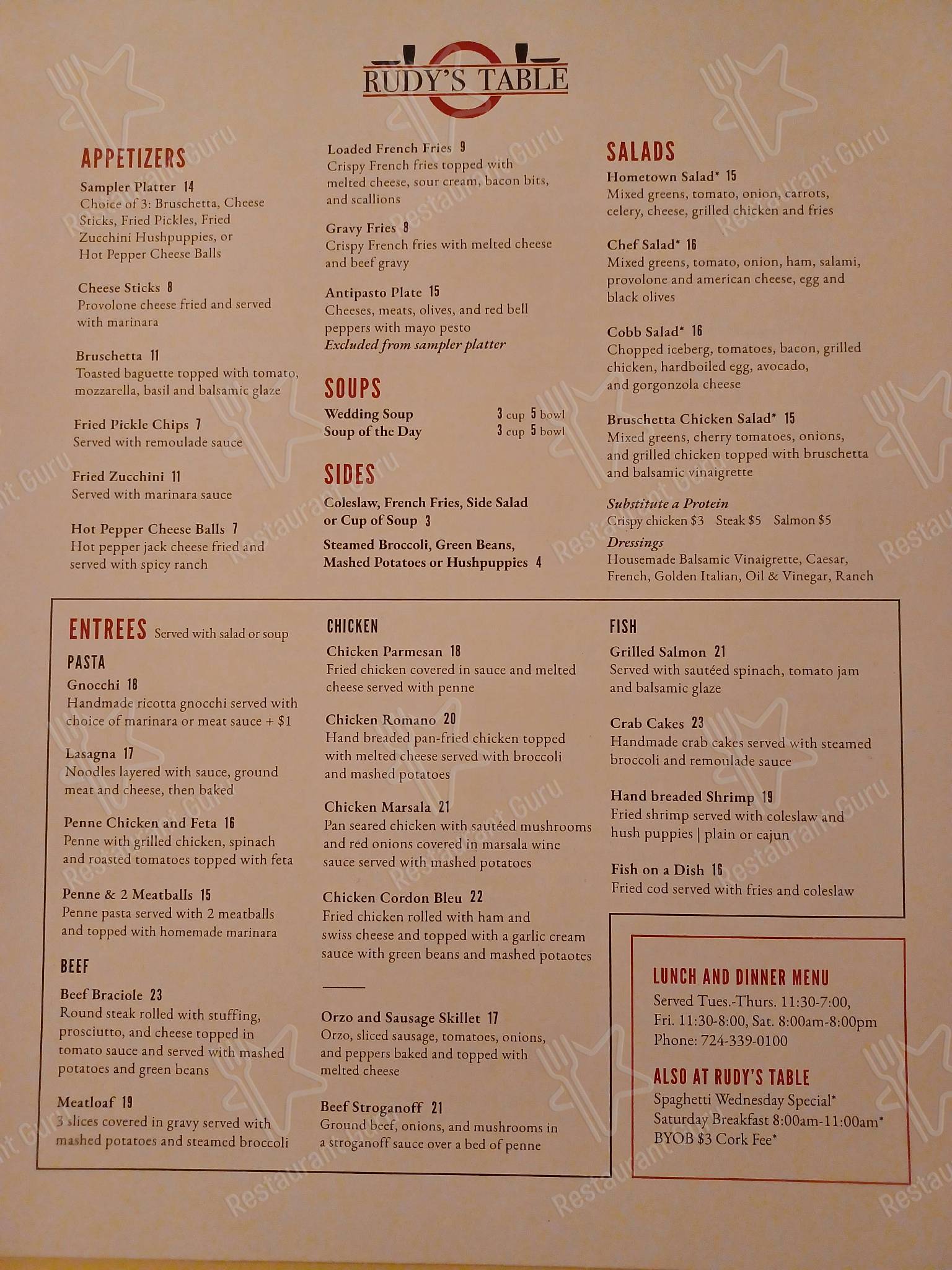 Menu at Rudy's Table restaurant, Lower Burrell