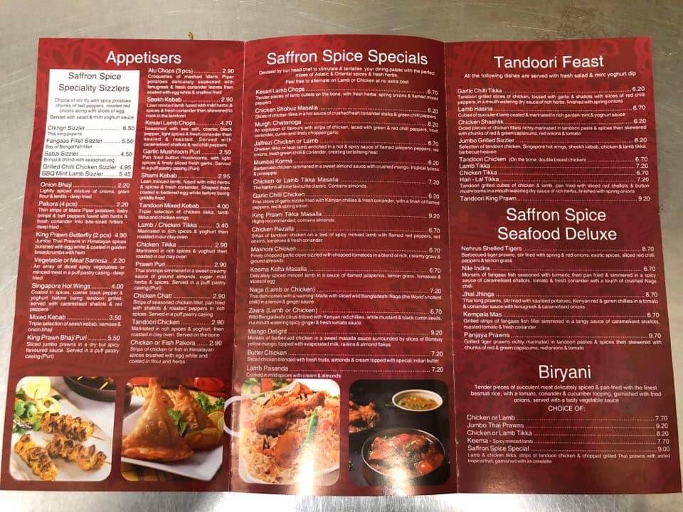 Menu at Saffron Lounge restaurant, Sheffield, 1 Wortley Rd