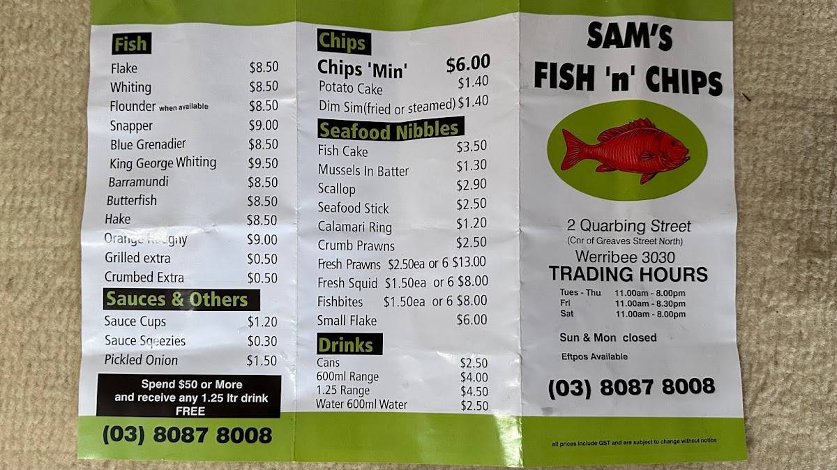 Menu at Sams Fish And Chips restaurant, Werribee
