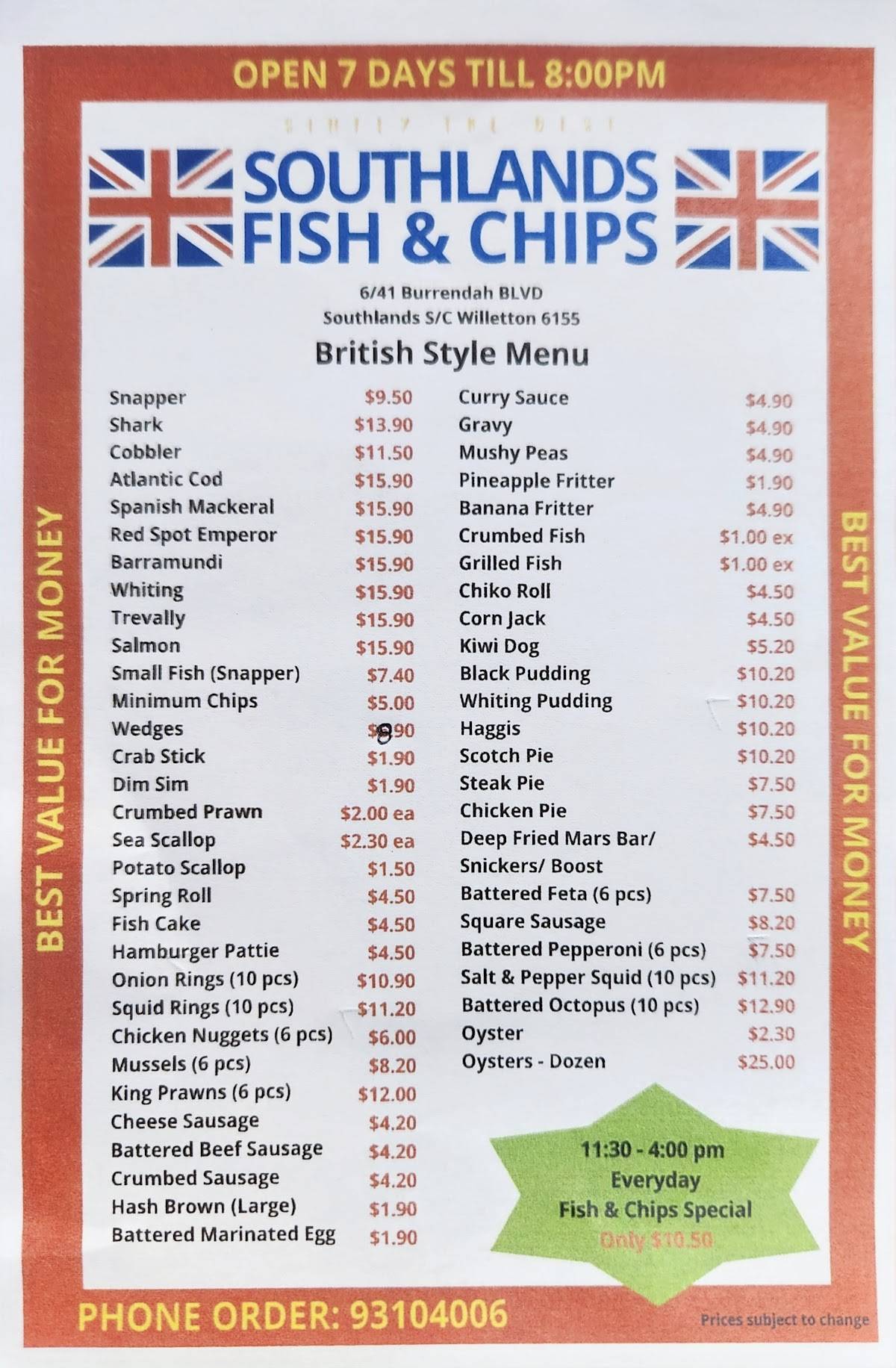 Menu at Southlands Fish & Chips fast food, Willetton