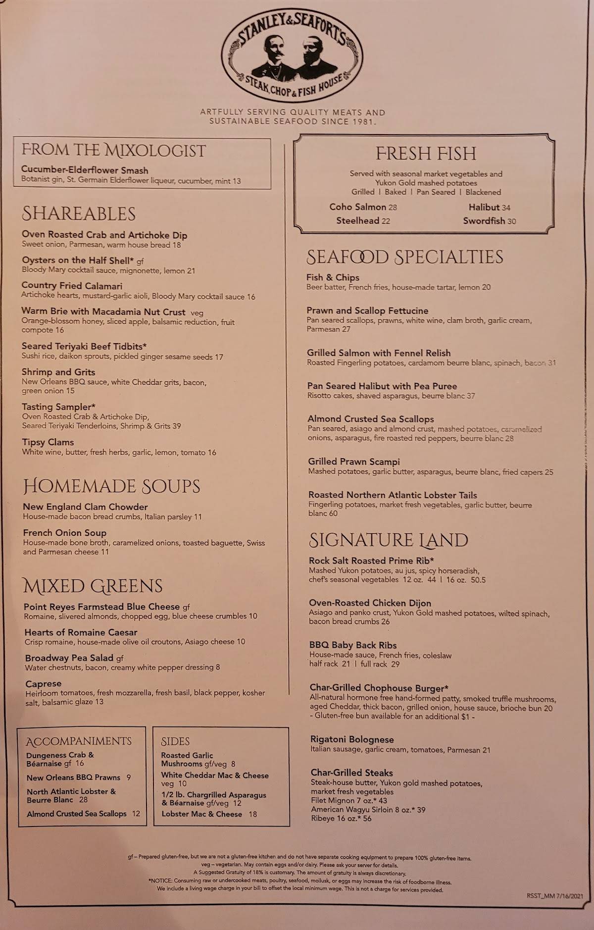 Menu at Stanley & Seafort's steakhouse, Tacoma, 115 E 34th St