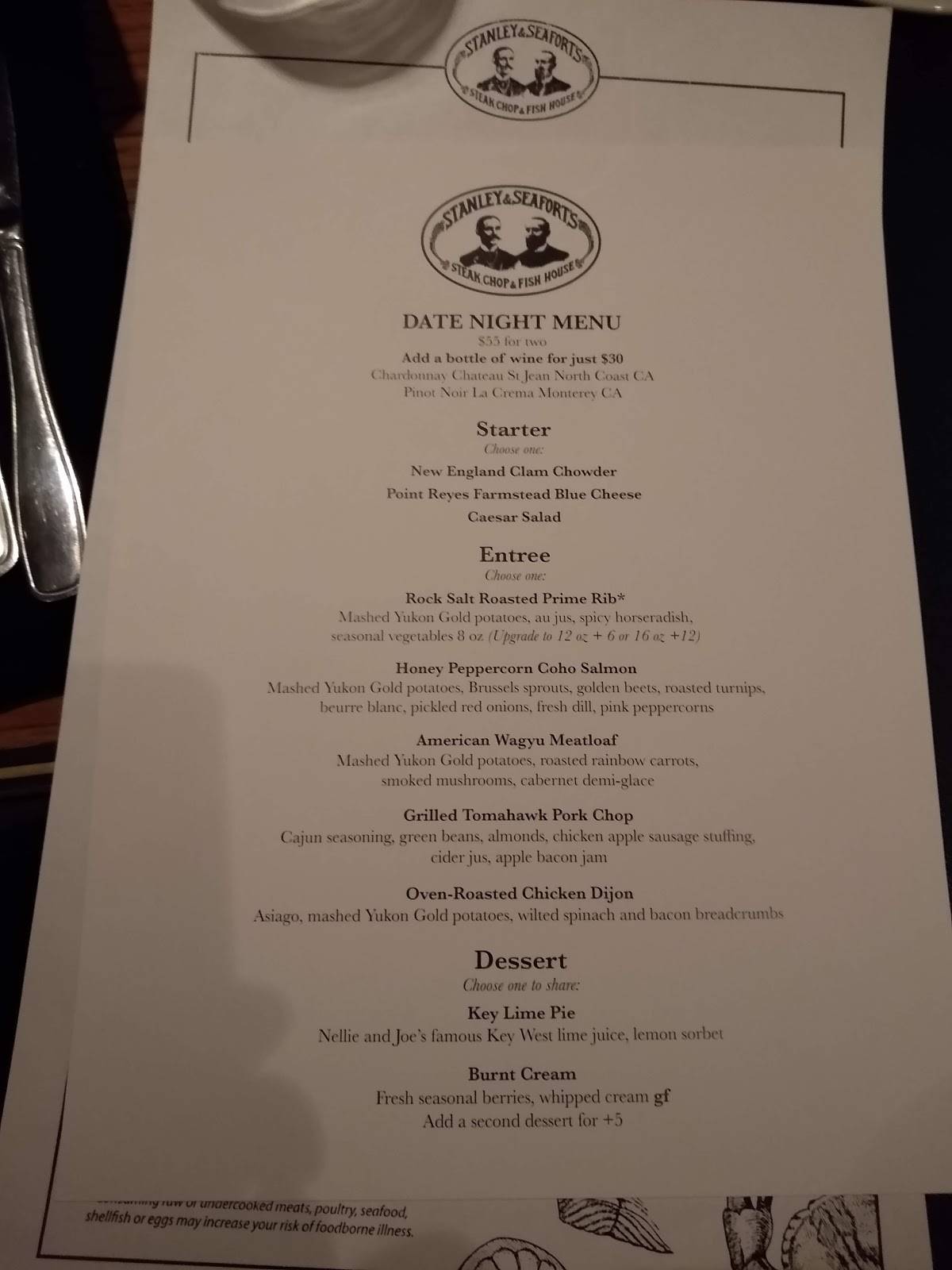 Menu at Stanley & Seafort's steakhouse, Tacoma, 115 E 34th St