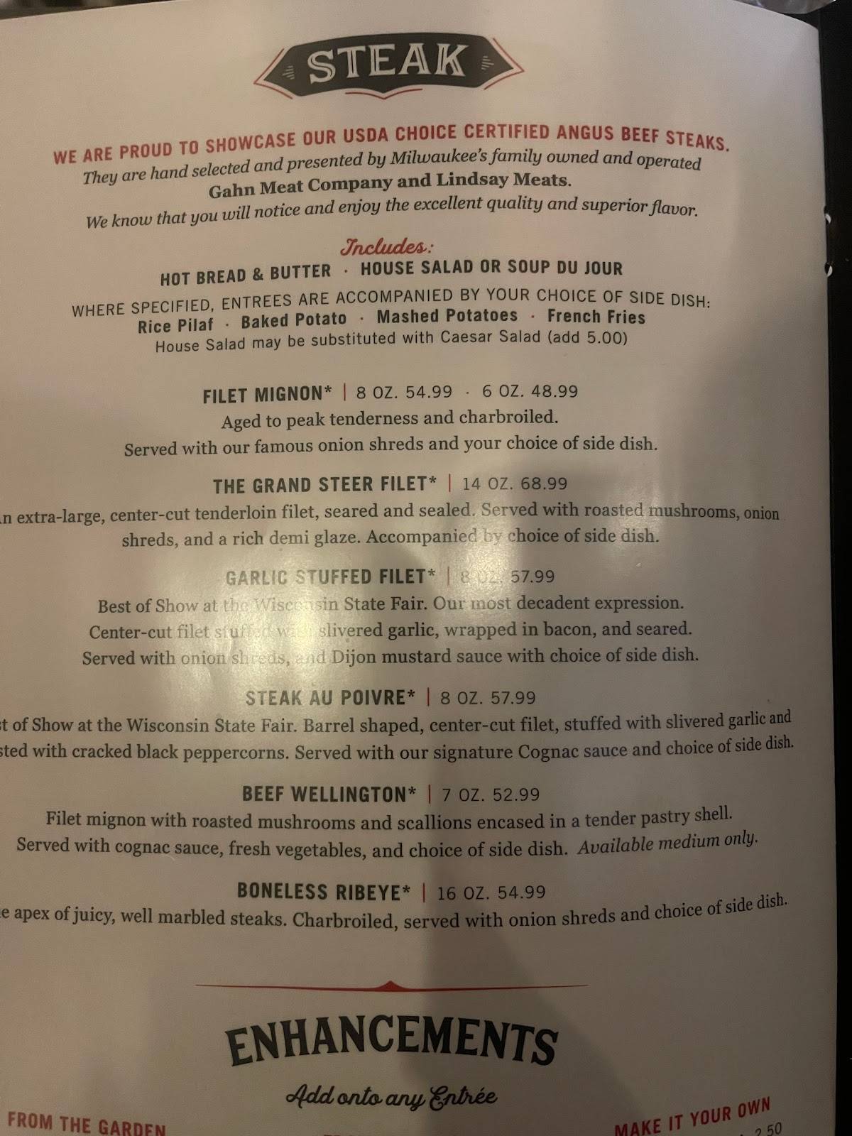 Menu at The Packing House steakhouse, Milwaukee