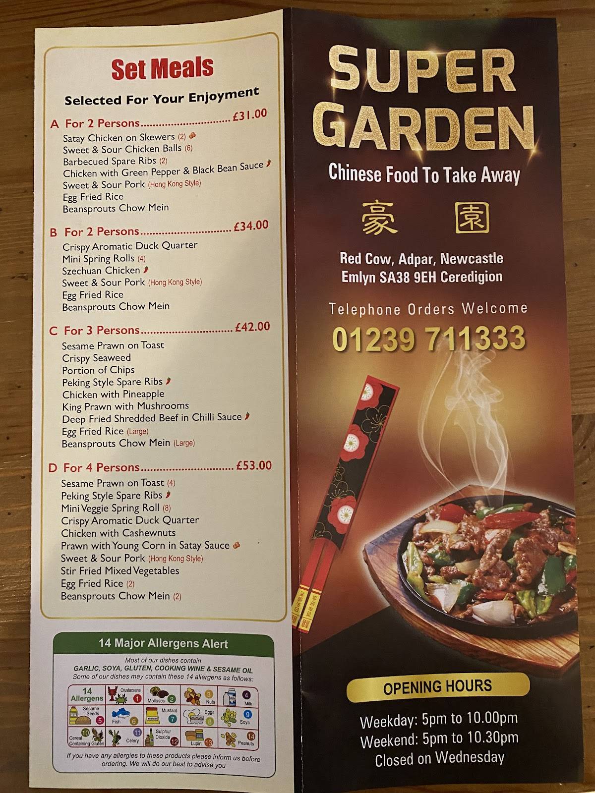 Menu at Super Garden restaurant, Newcastle Emlyn