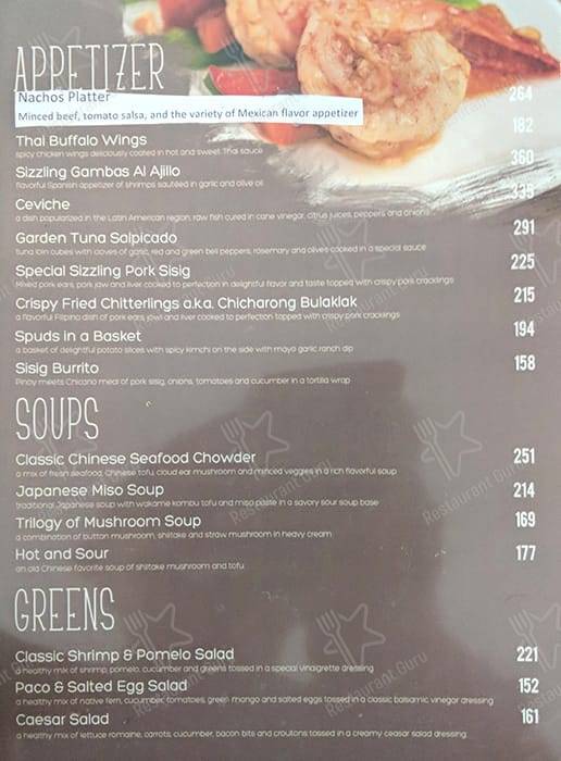 Menu at Tabla Restaurant, Pasay