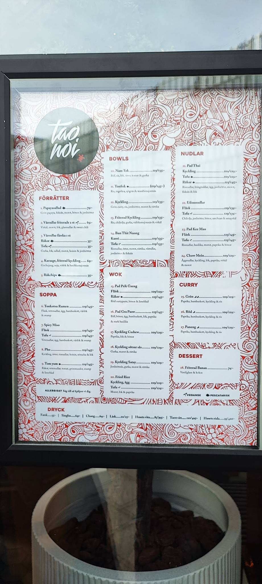 Menu at Tao Noi restaurant, Norrköping