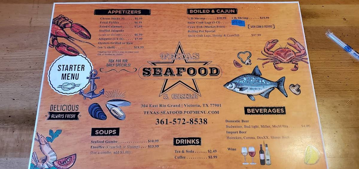 Menu at Texas Seafood restaurant, Victoria, 304 E Rio Grande St