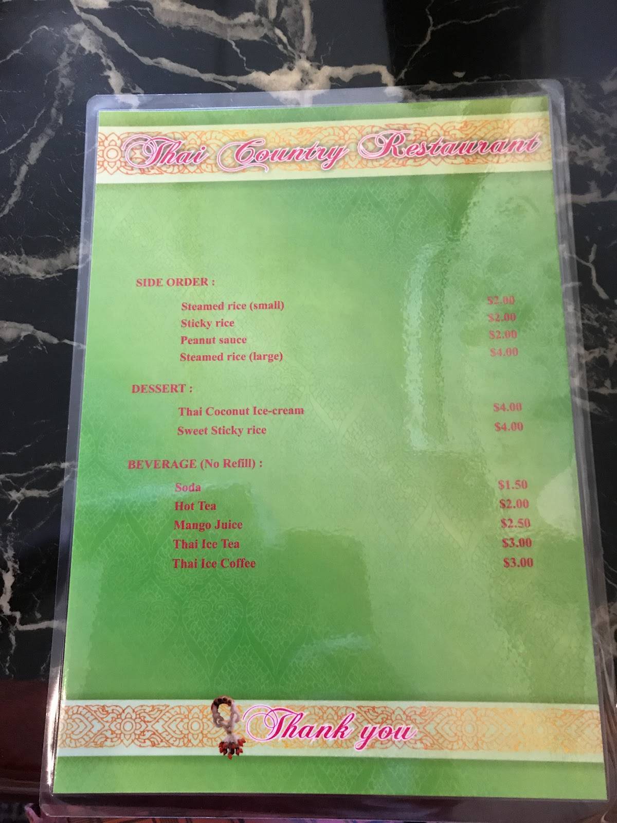 Menu at Thai Country Restaurant, McMinnville